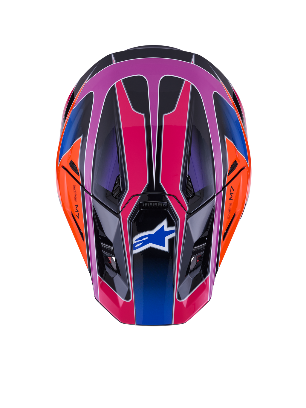 Alpinestars S-M7 Fuse Helmet, top-down view, Blue Purple Pink Glossy with orange and black accents, vibrant geometric design, aerodynamic shell with ventilation ports and Alpinestars logo on the visor, motocross safety gear