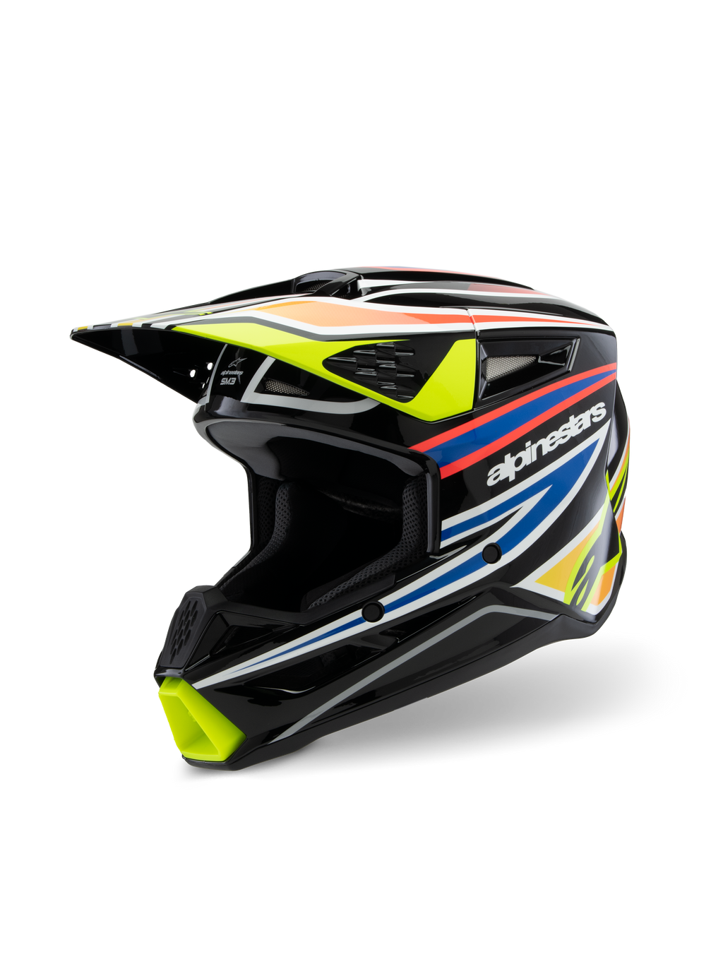 Alpinestars S-M3 Youth Wurx Helmet ECE 22.06, capacete de motocross, preto brilhante com gráficos de competição em amarelo fluorescente, azul e vermelho e laranja, vista de três quartos destacando o casco aerodinâmico com múltiplas entradas e saídas de ar, equipamento de proteção off-road para jovens pilotos