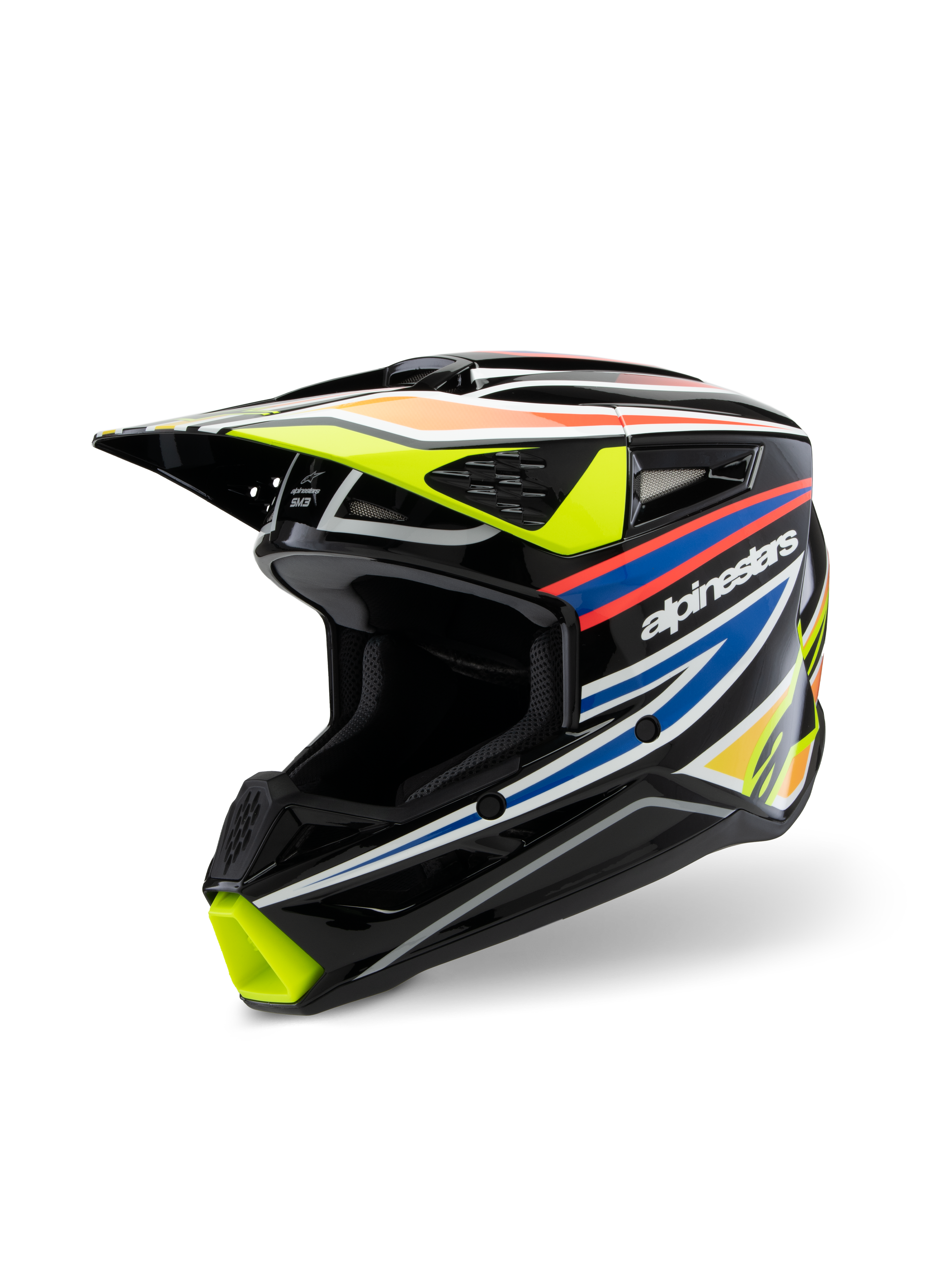 Alpinestars S-M3 Youth Wurx Helmet ECE 22.06, capacete de motocross, preto brilhante com gráficos de competição em amarelo fluorescente, azul e vermelho e laranja, vista de três quartos destacando o casco aerodinâmico com múltiplas entradas e saídas de ar, equipamento de proteção off-road para jovens pilotos