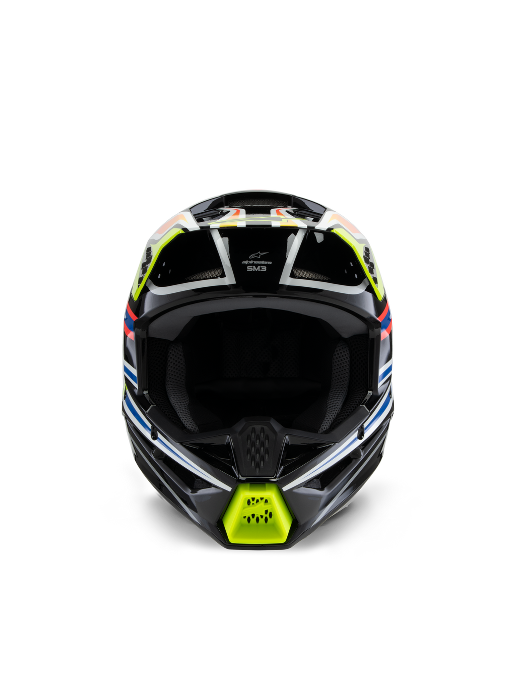 Capacete Alpinestars S-M3 Youth Wurx, vista frontal, preto com pormenores em amarelo fluorescente, azul e vermelho, equipamento de proteção de motocross para jovens, base preta com grafismos geométricos vibrantes, aberturas de ventilação integradas e queixeira amarela, estilo de corrida todo-o-terreno