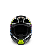 Capacete Alpinestars S-M3 Youth Wurx, vista frontal, preto com pormenores em amarelo fluorescente, azul e vermelho, equipamento de proteção de motocross para jovens, base preta com grafismos geométricos vibrantes, aberturas de ventilação integradas e queixeira amarela, estilo de corrida todo-o-terreno