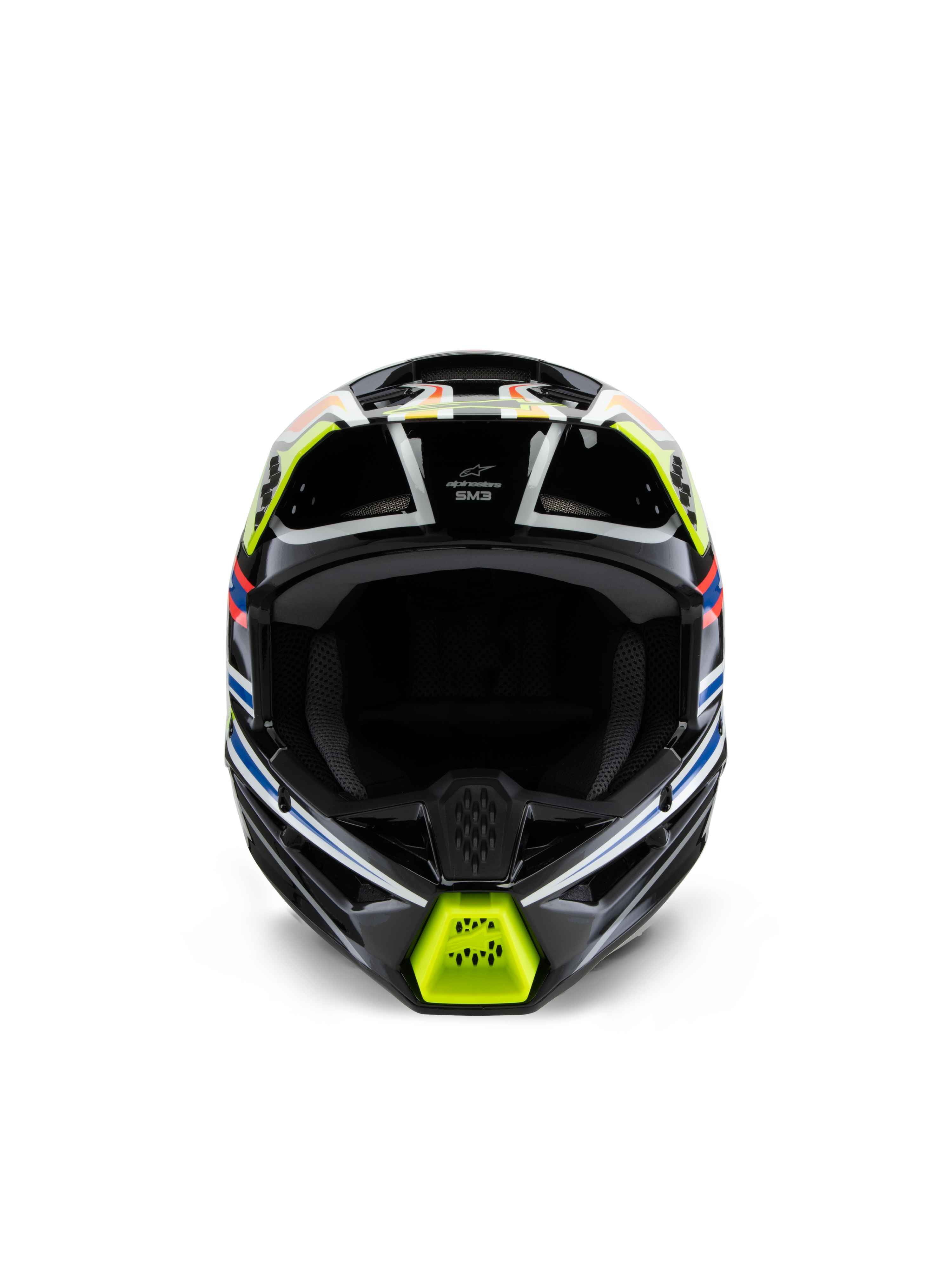 Capacete Alpinestars S-M3 Youth Wurx, vista frontal, preto com pormenores em amarelo fluorescente, azul e vermelho, equipamento de proteção de motocross para jovens, base preta com grafismos geométricos vibrantes, aberturas de ventilação integradas e queixeira amarela, estilo de corrida todo-o-terreno