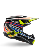 Alpinestars S-M3 Youth Wurx Helmet, capacete de motocross para jovens, preto com riscas gráficas amarelas, azuis, vermelhas e cor de laranja, perfil lateral com viseira aerodinâmica e acabamento brilhante, com logótipo Alpinestars branco e grafismo de estrela amarela