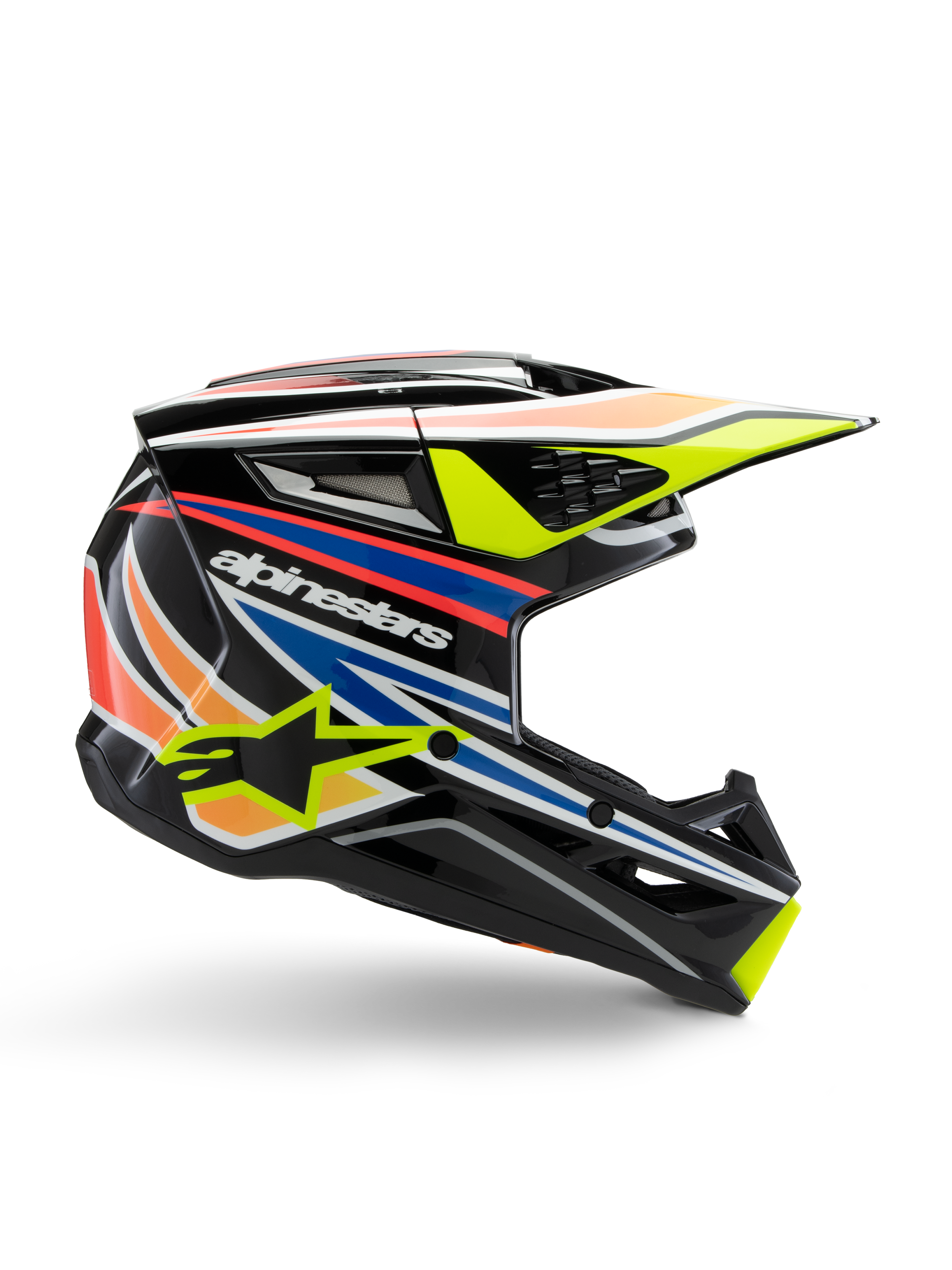 Alpinestars S-M3 Youth Wurx Helmet, capacete de motocross para jovens, preto com riscas gráficas amarelas, azuis, vermelhas e cor de laranja, perfil lateral com viseira aerodinâmica e acabamento brilhante, com logótipo Alpinestars branco e grafismo de estrela amarela