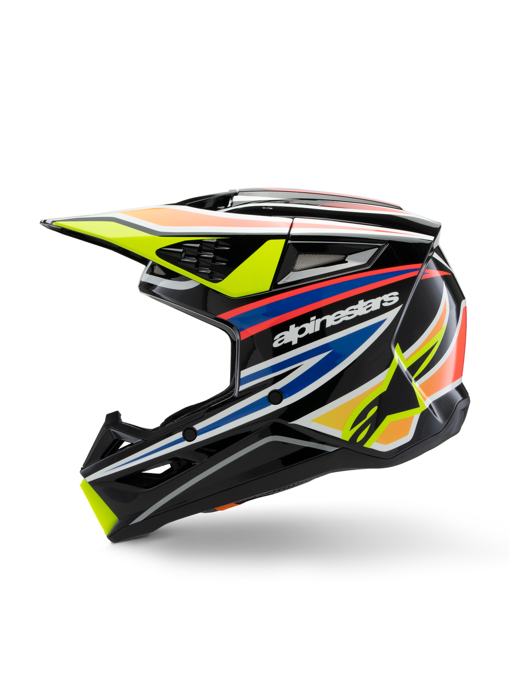 Capacete Alpinestars S-M3 Youth Wurx, capacete de motocross, preto com grafismos vibrantes em amarelo, azul e vermelho, vista de perfil com logótipo Alpinestars em destaque, calote aerodinâmica com múltiplas aberturas de ventilação e pala amarela.
