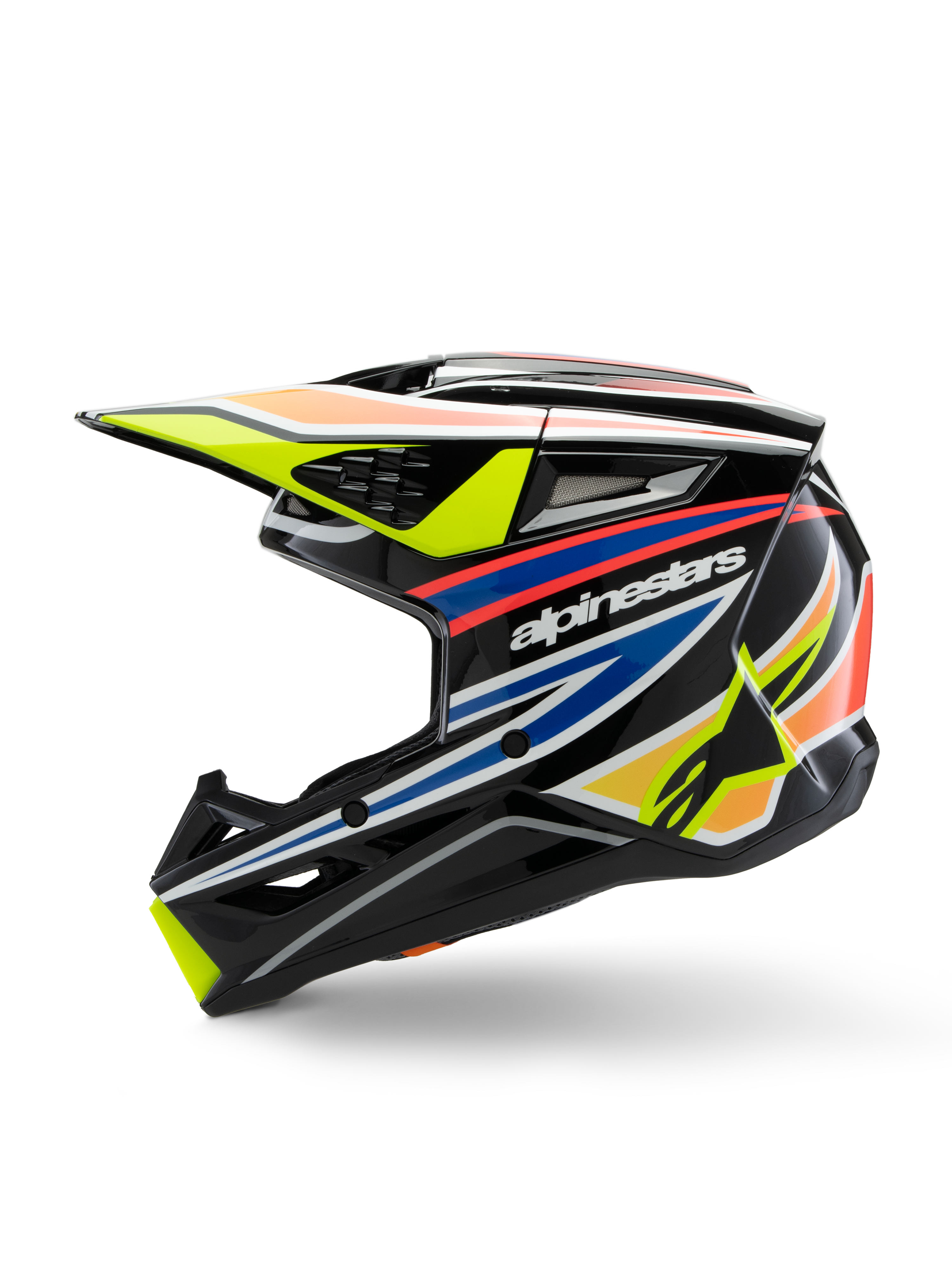 Capacete Alpinestars S-M3 Youth Wurx, capacete de motocross, preto com grafismos vibrantes em amarelo, azul e vermelho, vista de perfil com logótipo Alpinestars em destaque, calote aerodinâmica com múltiplas aberturas de ventilação e pala amarela.