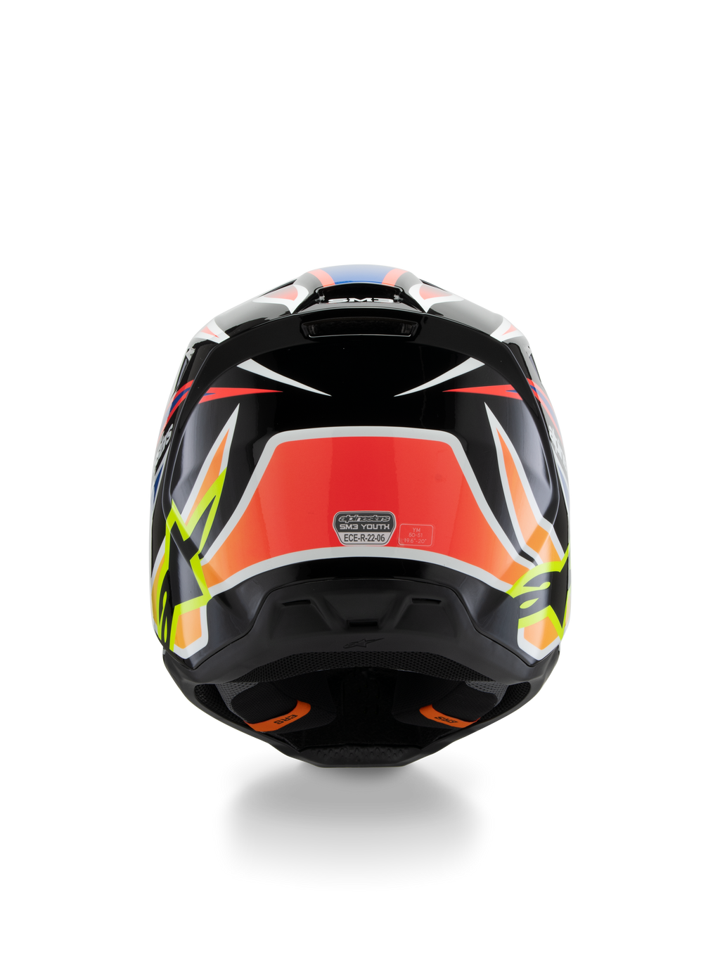 Alpinestars S-M3 Youth Wurx Helmet ECE 22.06, capacete de motocross, vista traseira, preto com grafismos vermelhos, amarelo fluorescente e azuis, com padrões angulares arrojados, logótipos de estrela e autocolante de certificação ECE 22.06, concebido para corridas de todo-o-terreno para jovens