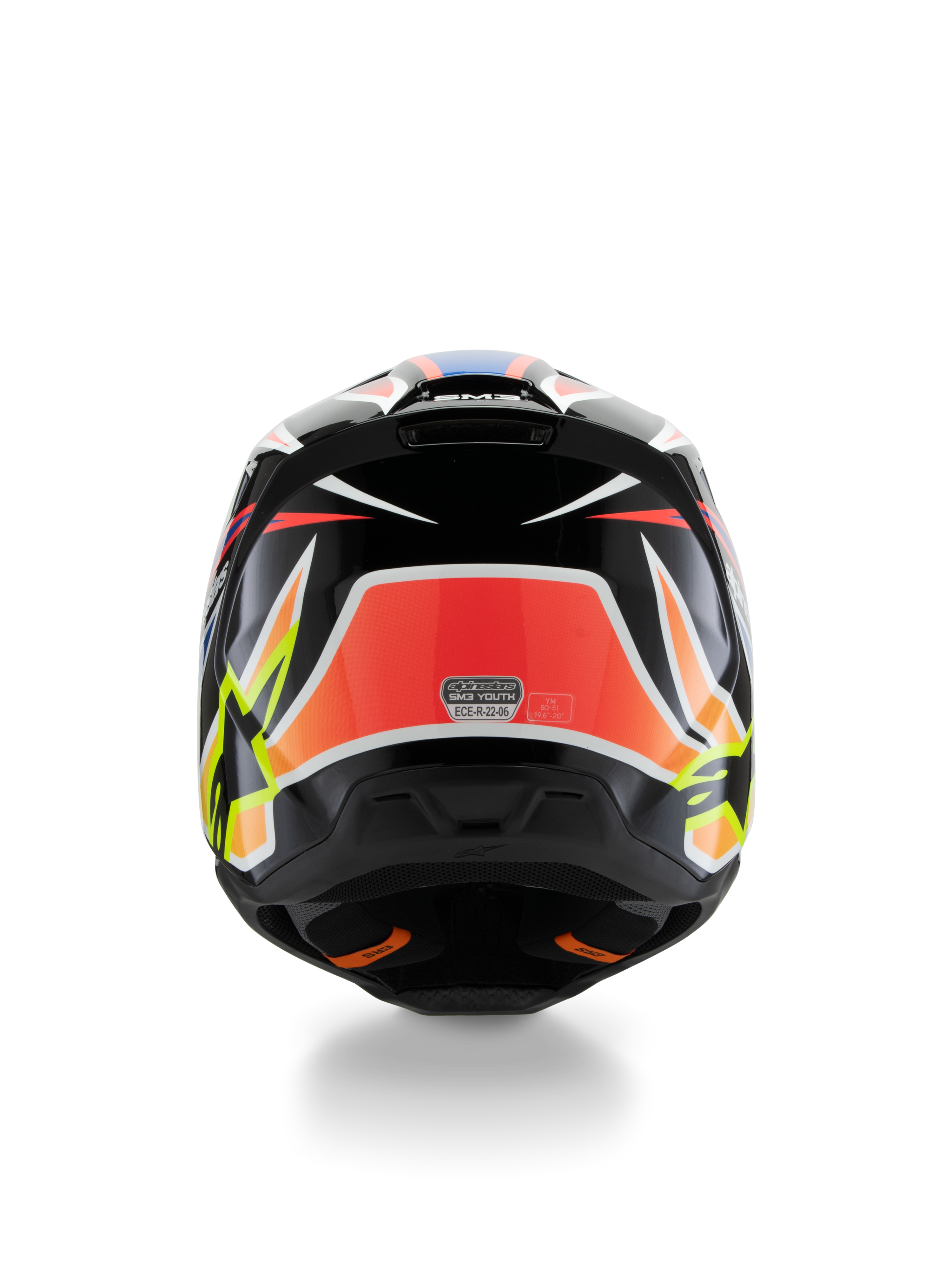 Alpinestars S-M3 Youth Wurx Helmet ECE 22.06, capacete de motocross, vista traseira, preto com grafismos vermelhos, amarelo fluorescente e azuis, com padrões angulares arrojados, logótipos de estrela e autocolante de certificação ECE 22.06, concebido para corridas de todo-o-terreno para jovens