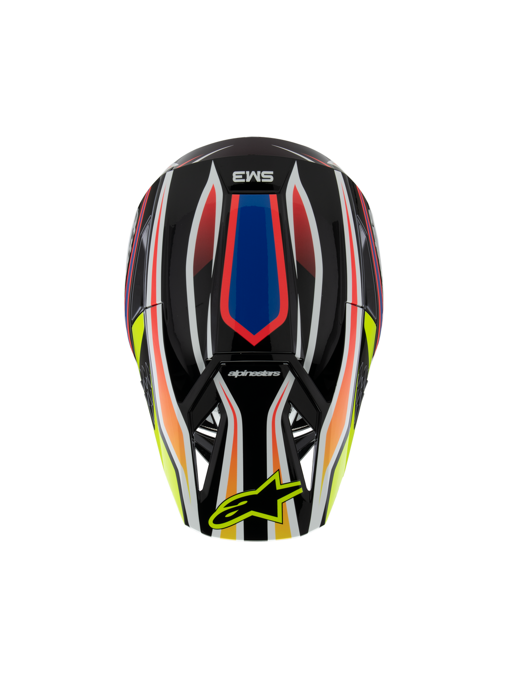 Capacete Alpinestars S-M3 Youth Wurx ECE 22.06, capacete de motocross, preto com gráficos vibrantes em vermelho, azul e amarelo, vista superior com o logótipo SM3 e logótipo Alpinestars amarelo na viseira, equipamento de proteção para todo-o-terreno