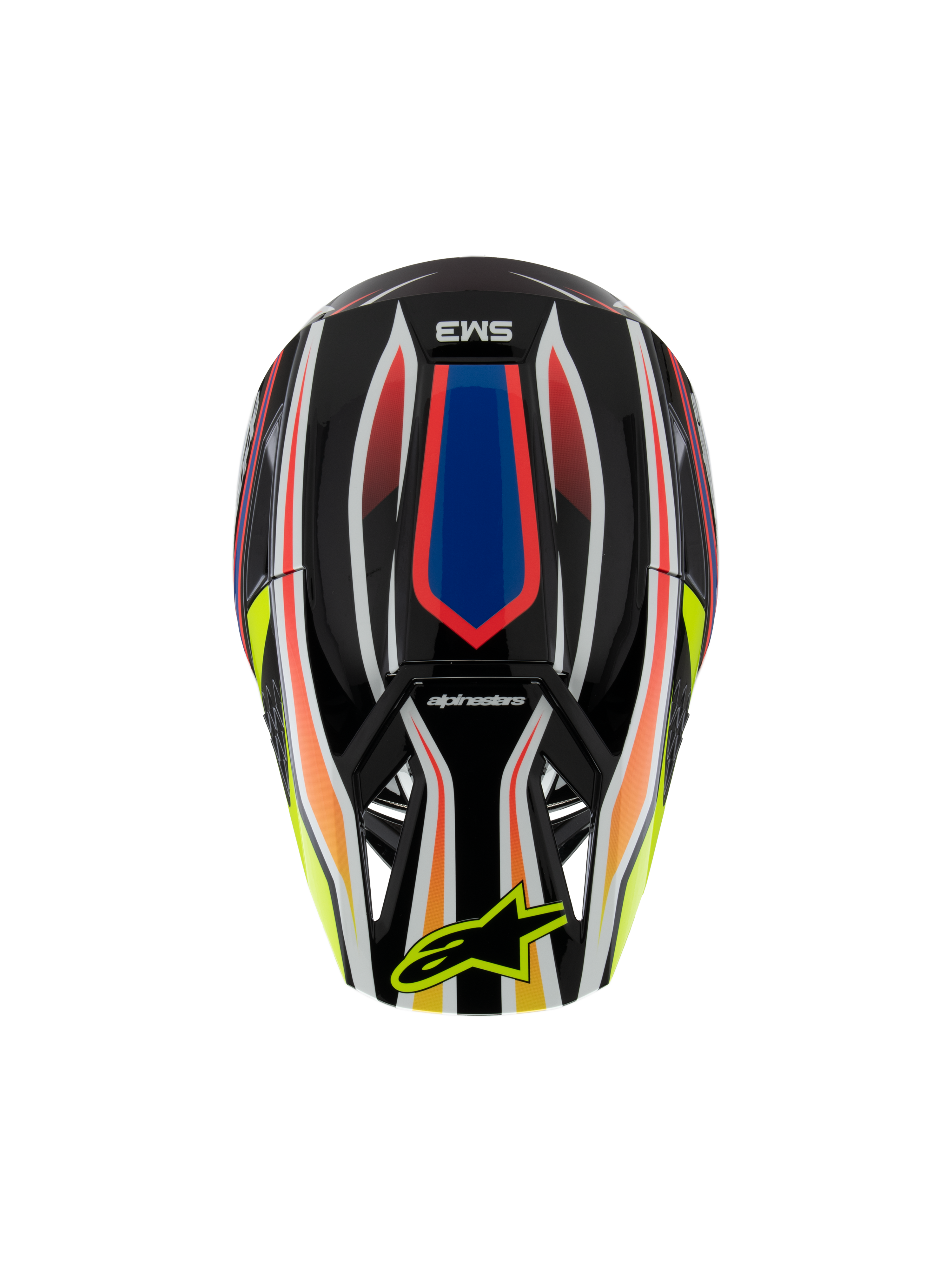 Capacete Alpinestars S-M3 Youth Wurx ECE 22.06, capacete de motocross, preto com gráficos vibrantes em vermelho, azul e amarelo, vista superior com o logótipo SM3 e logótipo Alpinestars amarelo na viseira, equipamento de proteção para todo-o-terreno