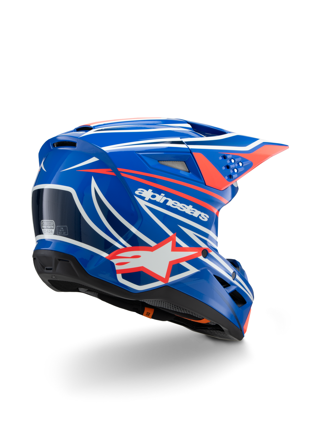 Capacete Alpinestars S-M3 Youth Wurx, capacete de motocross, azul brilhante com grafismos em vermelho, branco e preto, vista traseira de três quartos exibindo o casco aerodinâmico, aberturas de ventilação e logótipo Alpinestars proeminente, proteção de cabeça para corridas todo-o-terreno