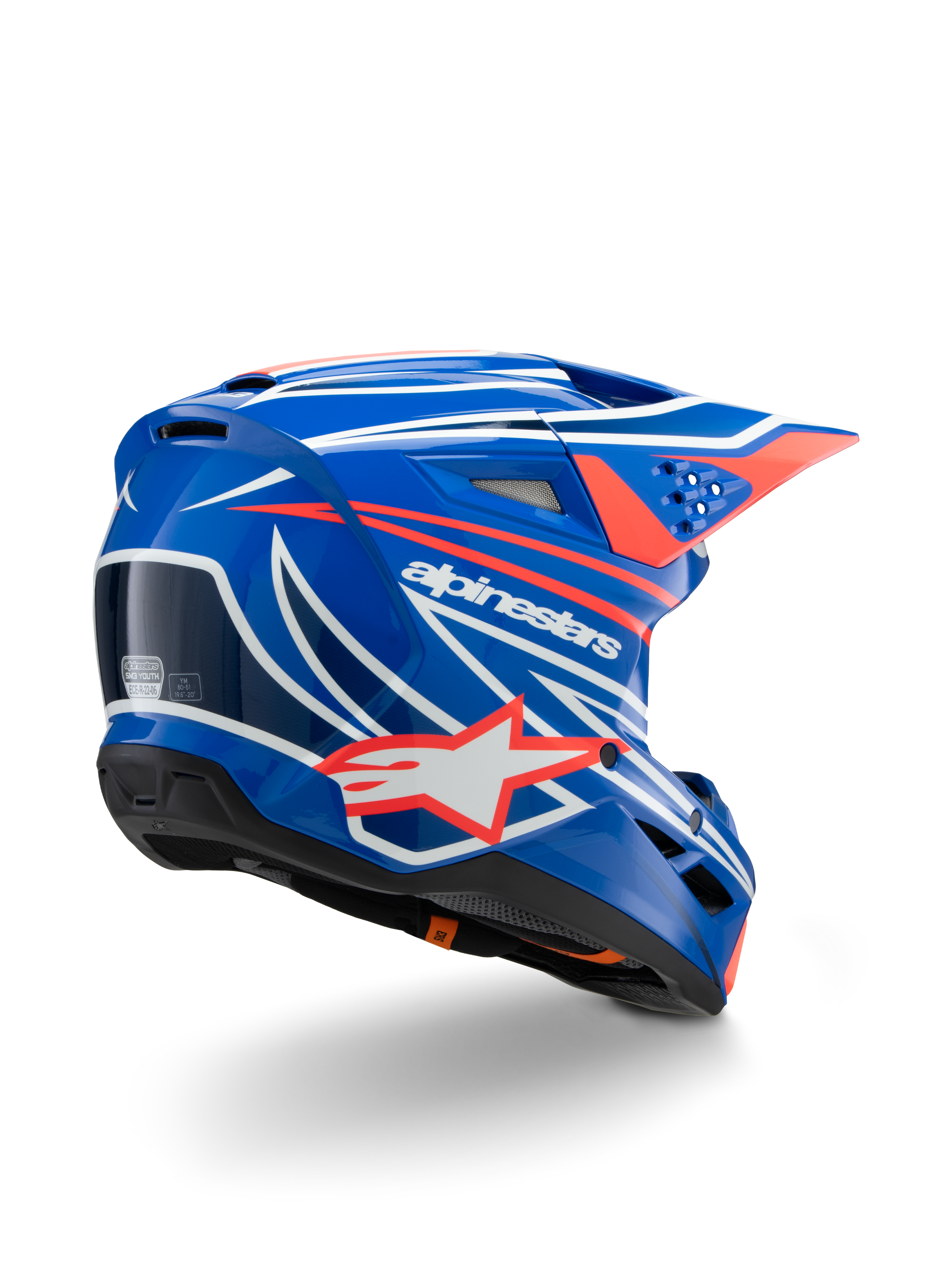 Capacete Alpinestars S-M3 Youth Wurx, capacete de motocross, azul brilhante com grafismos em vermelho, branco e preto, vista traseira de três quartos exibindo o casco aerodinâmico, aberturas de ventilação e logótipo Alpinestars proeminente, proteção de cabeça para corridas todo-o-terreno