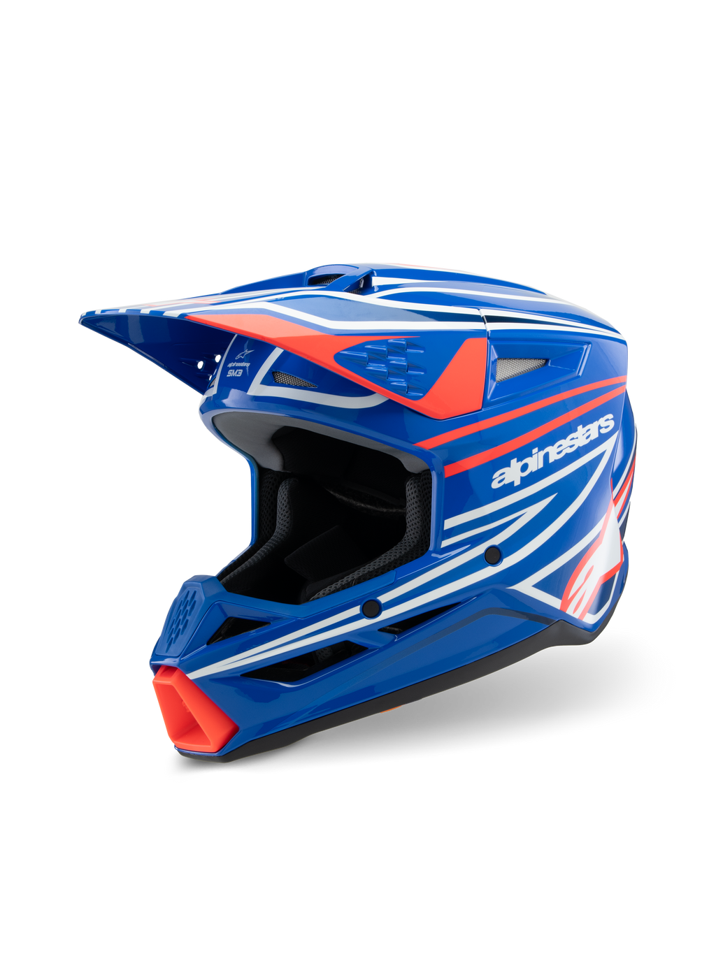 Alpinestars S-M3 Youth Wurx Helmet, capacete de motocross, azul brilhante com grafismos em vermelho e branco, design aerodinâmico vincado com uma viseira proeminente e múltiplas aberturas de ventilação, concebido para off-road e corridas de MX para jovens