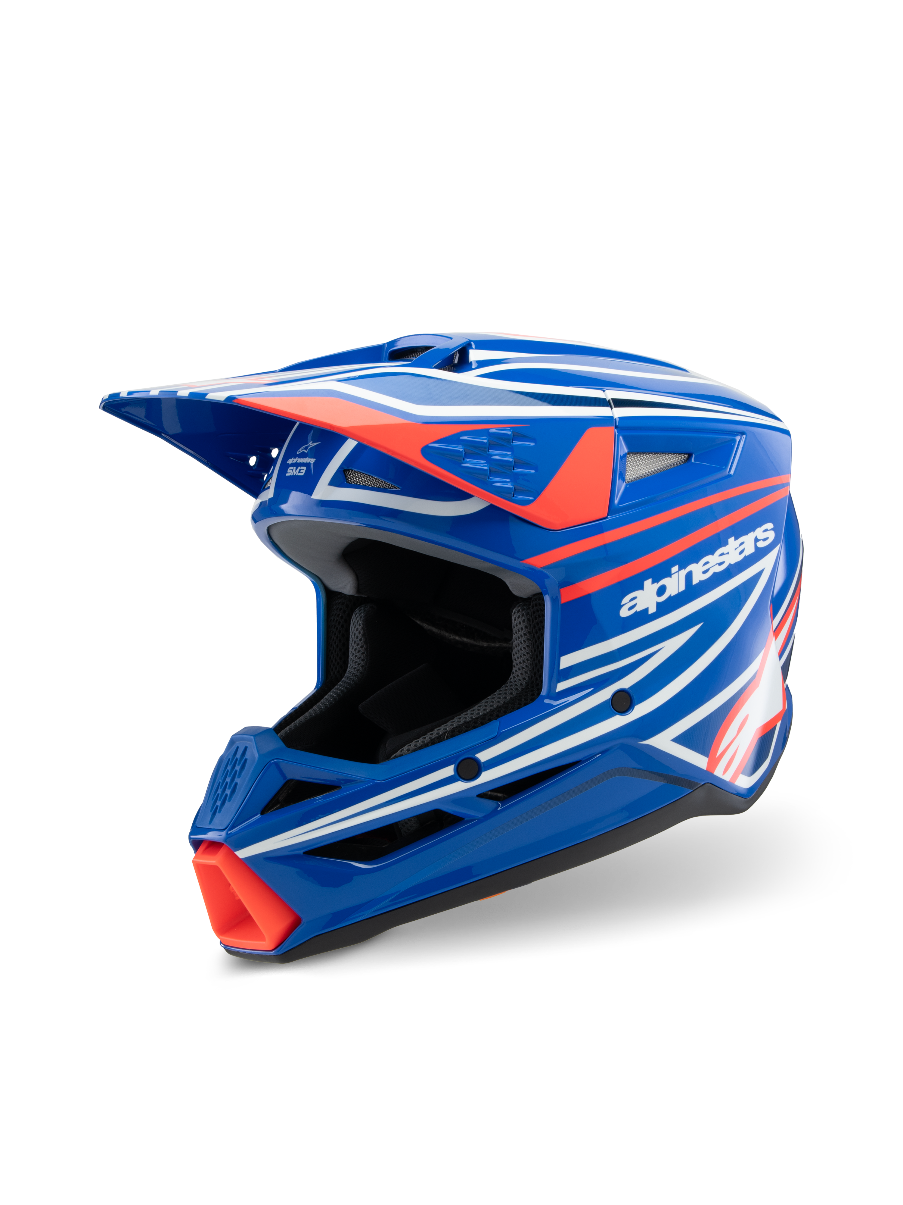 Alpinestars S-M3 Youth Wurx Helmet, capacete de motocross, azul brilhante com grafismos em vermelho e branco, design aerodinâmico vincado com uma viseira proeminente e múltiplas aberturas de ventilação, concebido para off-road e corridas de MX para jovens