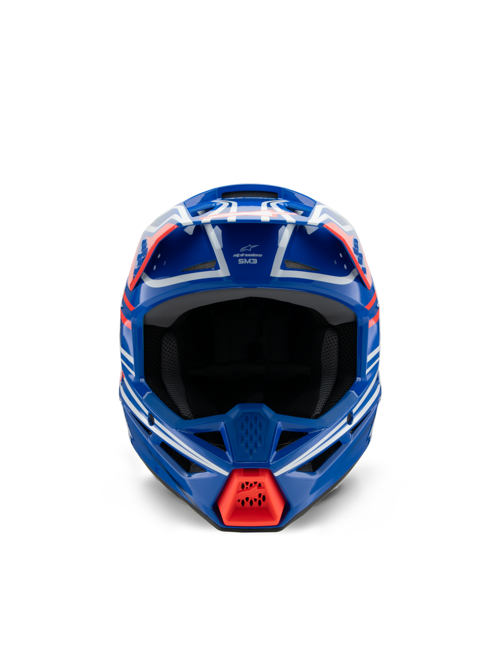 Alpinestars S-M3 Youth Wurx Helmet ECE 22.06, capacete de motocross, azul, vermelho, branco e preto brilhante, vista frontal, com casco aerodinâmico, aberturas de ventilação e entrada de ar da queixeira em vermelho vivo, concebido para corridas de off-road para jovens
