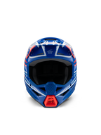 Alpinestars S-M3 Youth Wurx Helmet ECE 22.06, capacete de motocross, azul, vermelho, branco e preto brilhante, vista frontal, com casco aerodinâmico, aberturas de ventilação e entrada de ar da queixeira em vermelho vivo, concebido para corridas de off-road para jovens