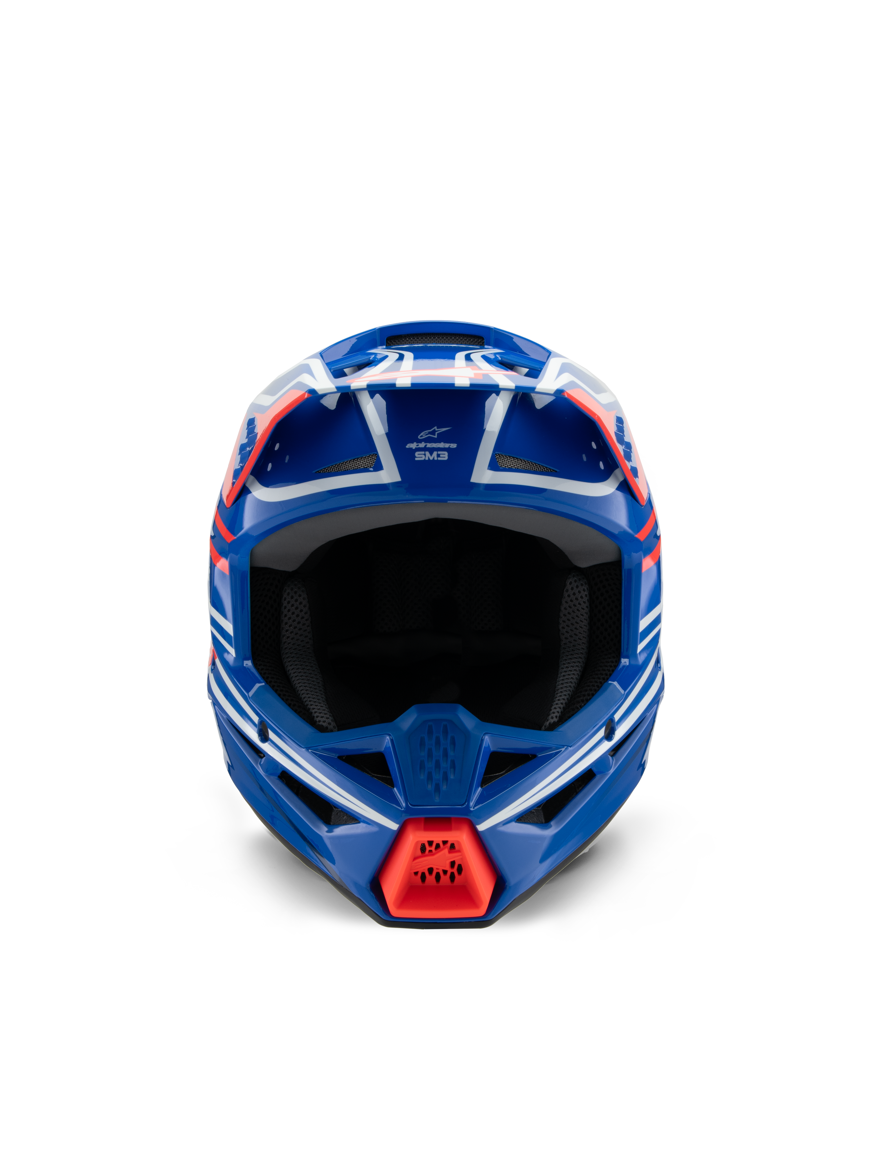 Alpinestars S-M3 Youth Wurx Helmet ECE 22.06, capacete de motocross, azul, vermelho, branco e preto brilhante, vista frontal, com casco aerodinâmico, aberturas de ventilação e entrada de ar da queixeira em vermelho vivo, concebido para corridas de off-road para jovens