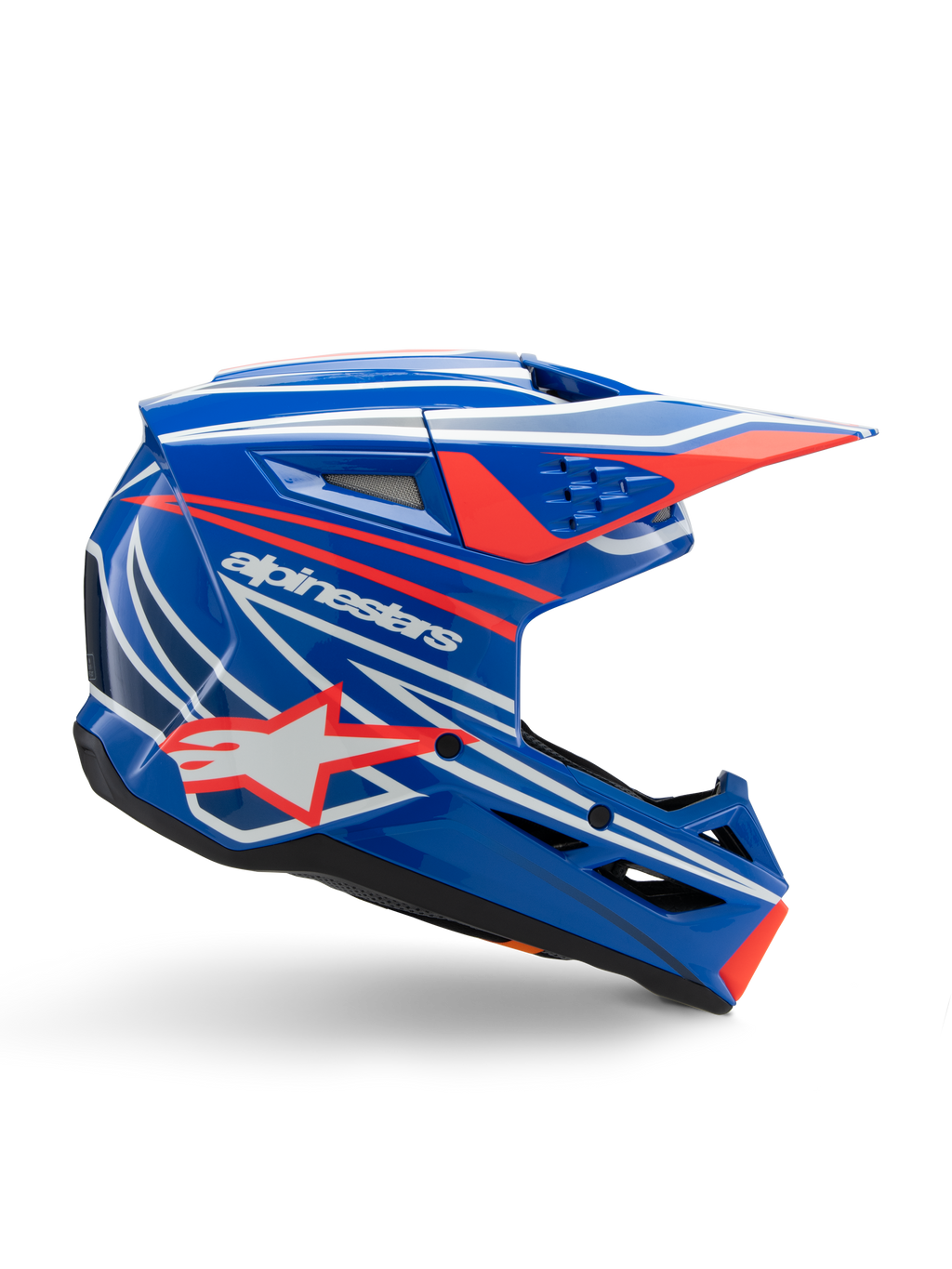 Alpinestars S-M3 Youth Wurx Helmet, capacete de motocross para jovens, azul com grafismos em vermelho e branco, perfil lateral com viseira aerodinâmica, aberturas de ventilação e logótipo de estrela, acabamento brilhante, certificado ECE 22.06