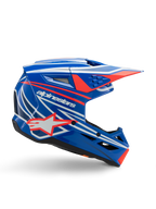Alpinestars S-M3 Youth Wurx Helmet, capacete de motocross para jovens, azul com grafismos em vermelho e branco, perfil lateral com viseira aerodinâmica, aberturas de ventilação e logótipo de estrela, acabamento brilhante, certificado ECE 22.06