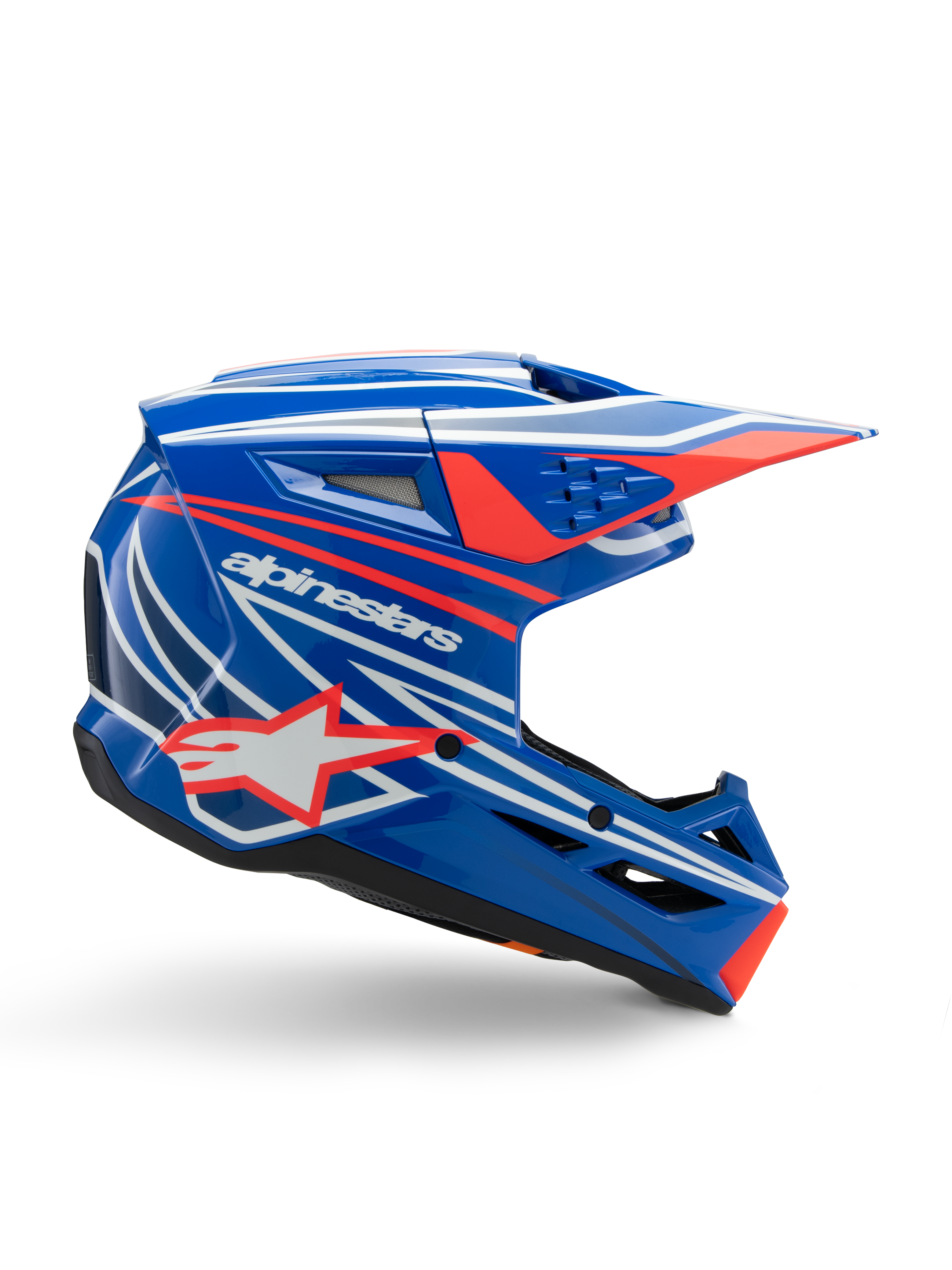 Alpinestars S-M3 Youth Wurx Helmet, capacete de motocross para jovens, azul com grafismos em vermelho e branco, perfil lateral com viseira aerodinâmica, aberturas de ventilação e logótipo de estrela, acabamento brilhante, certificado ECE 22.06