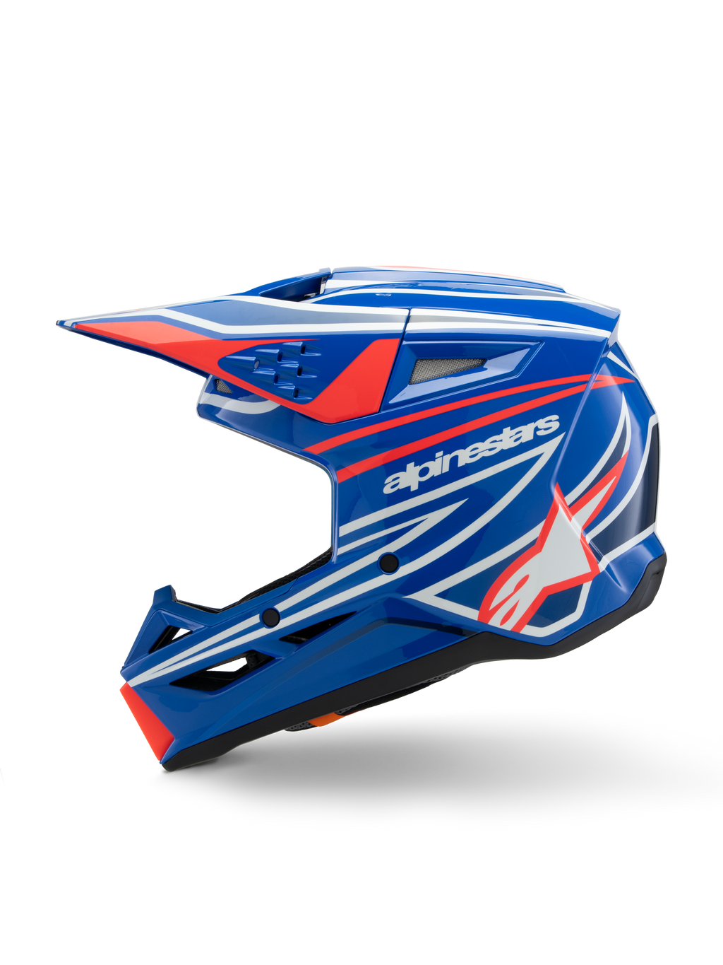 Capacete Alpinestars S-M3 Youth Wurx, capacete de motocross, azul, vermelho, branco e preto brilhante, com gráficos arrojados, logótipo Alpinestars e estrela, vista de perfil lateral com aberturas aerodinâmicas e viseira integrada, equipamento de proteção para todo-o-terreno