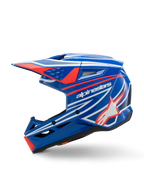 Capacete Alpinestars S-M3 Youth Wurx, capacete de motocross, azul, vermelho, branco e preto brilhante, com gráficos arrojados, logótipo Alpinestars e estrela, vista de perfil lateral com aberturas aerodinâmicas e viseira integrada, equipamento de proteção para todo-o-terreno