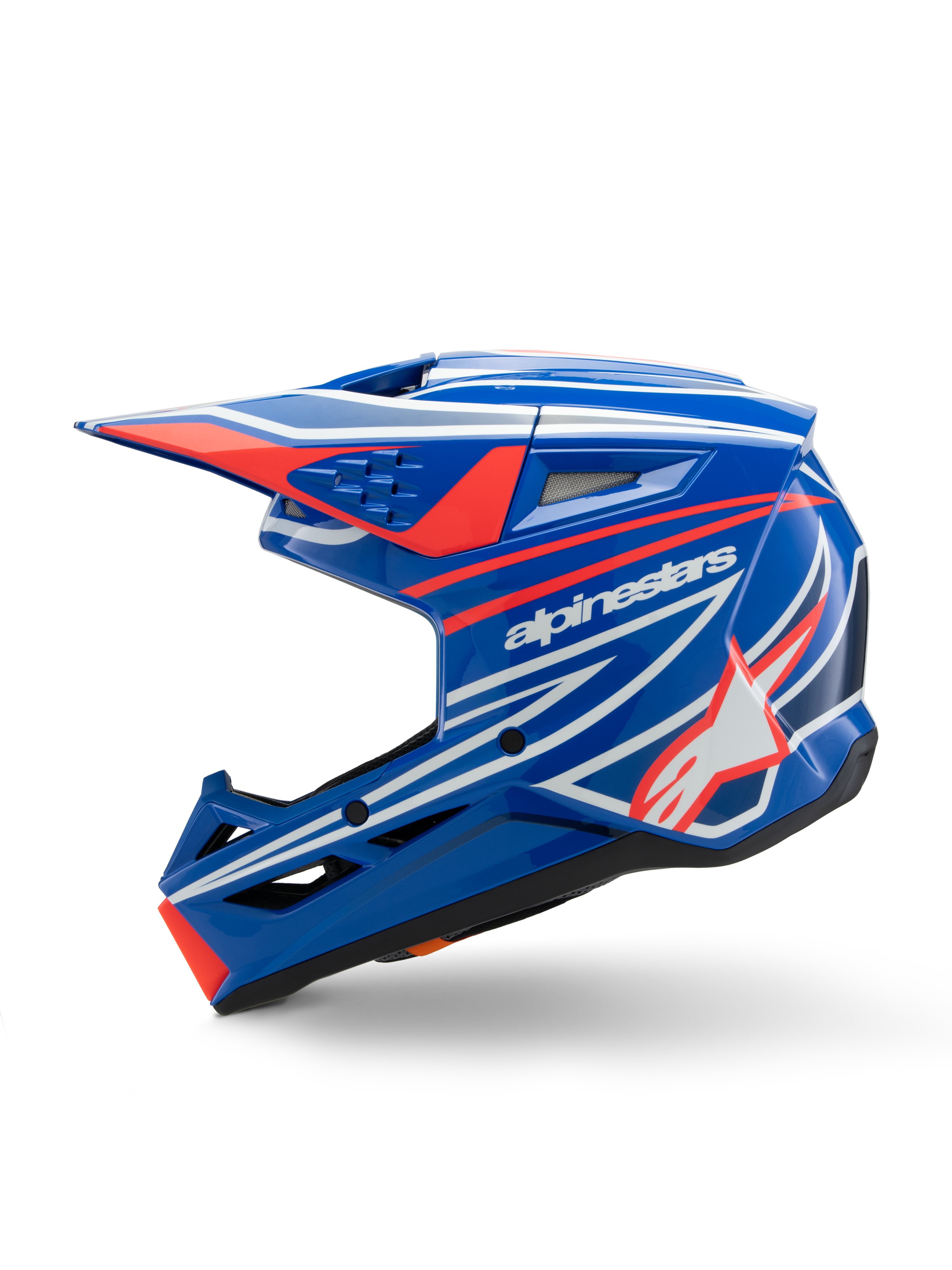 Capacete Alpinestars S-M3 Youth Wurx, capacete de motocross, azul, vermelho, branco e preto brilhante, com gráficos arrojados, logótipo Alpinestars e estrela, vista de perfil lateral com aberturas aerodinâmicas e viseira integrada, equipamento de proteção para todo-o-terreno