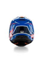Alpinestars S-M3 Youth Wurx Helmet ECE 22.06, capacete de motocross, azul, vermelho e branco, vista traseira realçando o design aerodinâmico com saídas de ar, acabamento brilhante com detalhes gráficos nítidos e autocolante de certificação de segurança