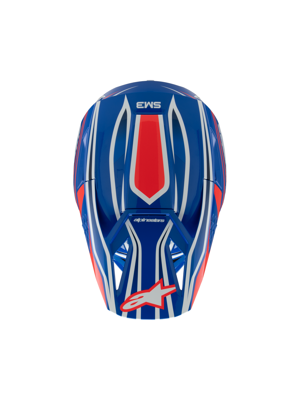 Capacete Alpinestars S-M3 Youth Wurx, capacete de motocross, azul, vermelho, branco e preto brilhante, vista superior mostrando padrões gráficos em vermelho e branco, logótipo Alpinestars na viseira, proteção de cabeça especializada para jovens em todo-o-terreno