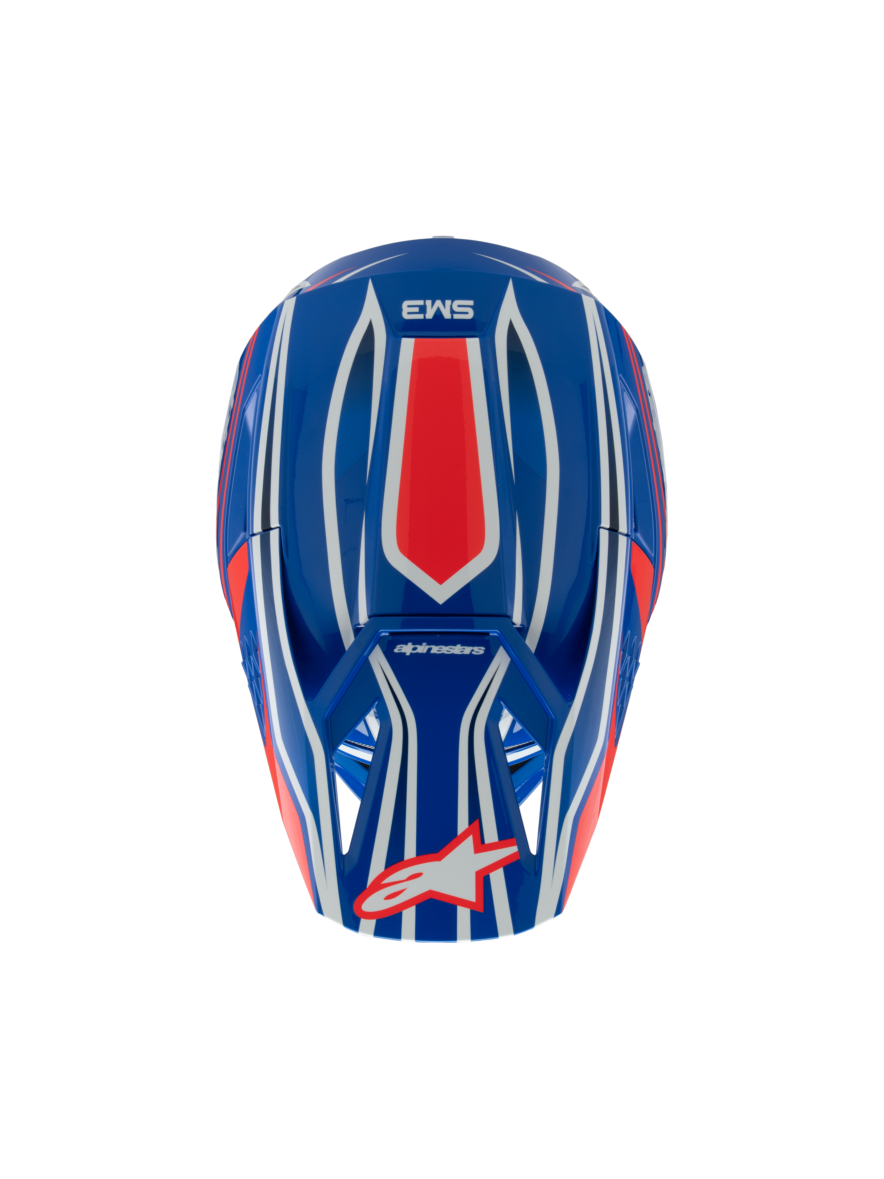 Capacete Alpinestars S-M3 Youth Wurx, capacete de motocross, azul, vermelho, branco e preto brilhante, vista superior mostrando padrões gráficos em vermelho e branco, logótipo Alpinestars na viseira, proteção de cabeça especializada para jovens em todo-o-terreno