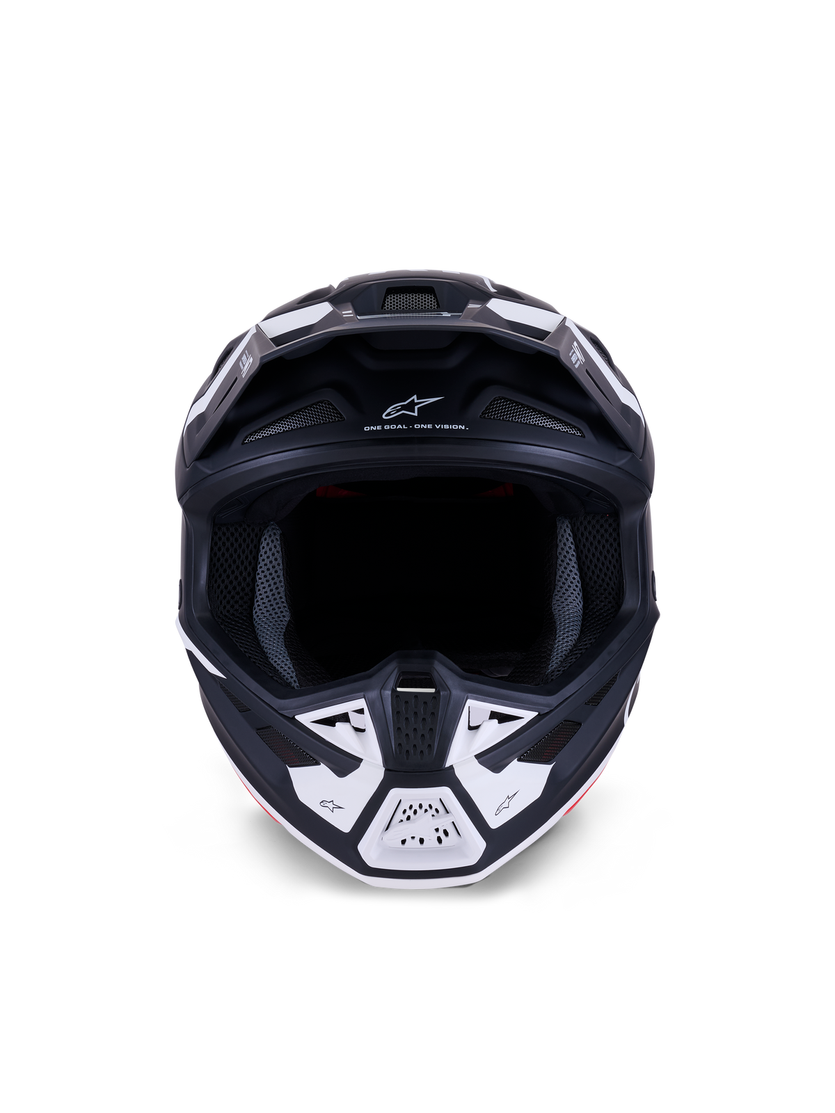 Capacete Alpinestars S-M7 Dasher ECE 22.06, capacete de motocross, preto mate e branco, vista frontal com aberturas de ventilação e gráficos geométricos, inclui o texto "ONE GOAL - ONE VISION", proteção profissional para corridas todo-o-terreno
