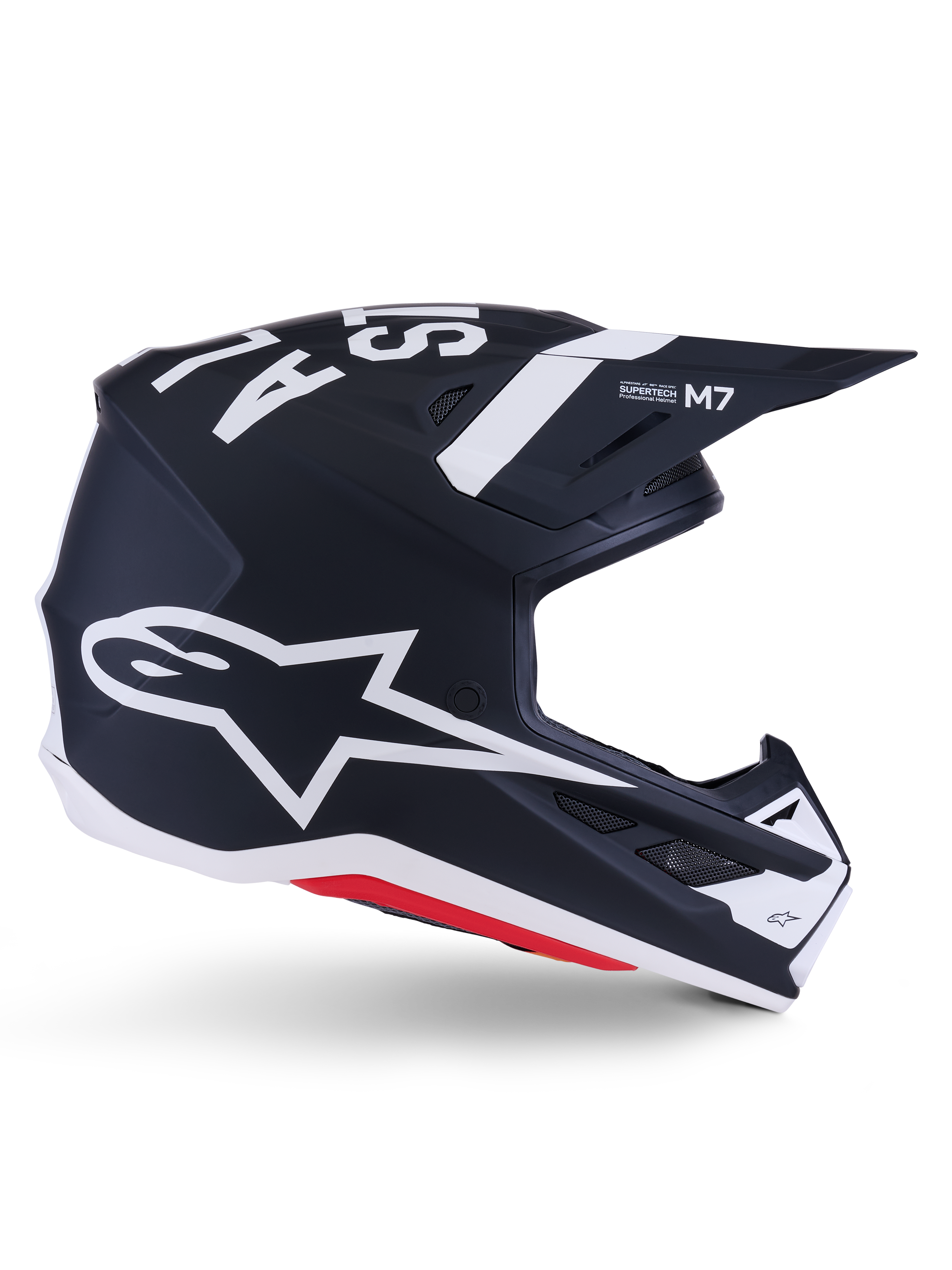 Capacete Alpinestars S-M7 Dasher, capacete de motocross, preto e branco mate com detalhes vermelhos, com grande logótipo de estrela Alpinestars em branco na lateral, viseira aerodinâmica e aberturas de ventilação, acabamento mate, certificado ECE 22.06 para corridas fora de estrada