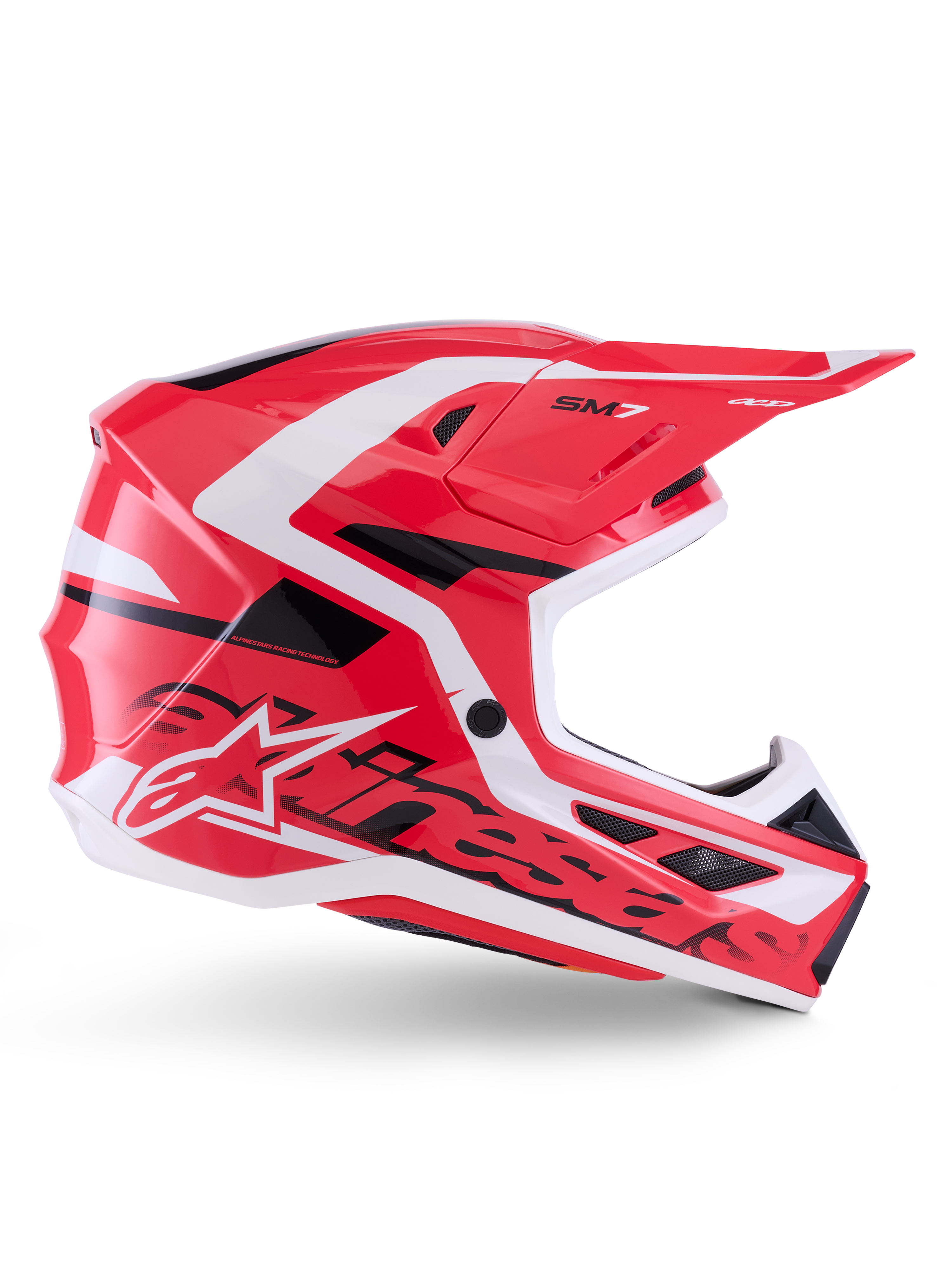 Alpinestars S-M7 Deed Helmet, Motocross Helmet, Red Black and White Glossy, side profile view, featuring bold Alpinestars branding and SM7 logo, aerodynamic composite shell with multiple ventilation ports, designed for off-road and motocross racing