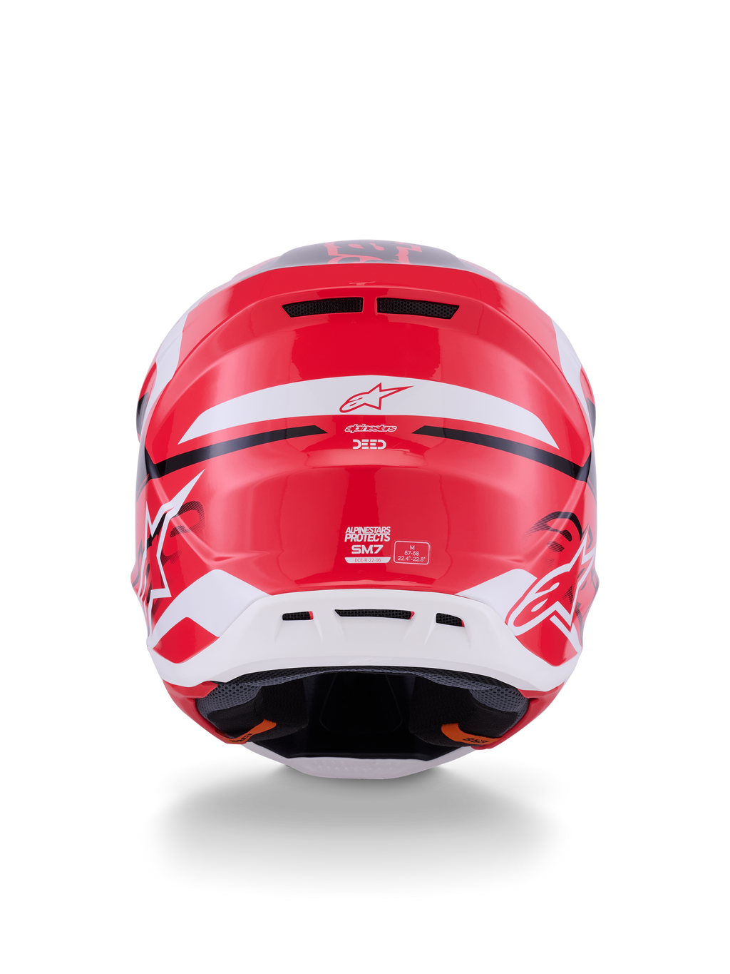 Alpinestars S-M7 Deed Helmet, Rear View, Red Black and White Glossy, featuring a streamlined composite shell, rear exhaust vents, and Alpinestars branding, professional motocross racing head protection