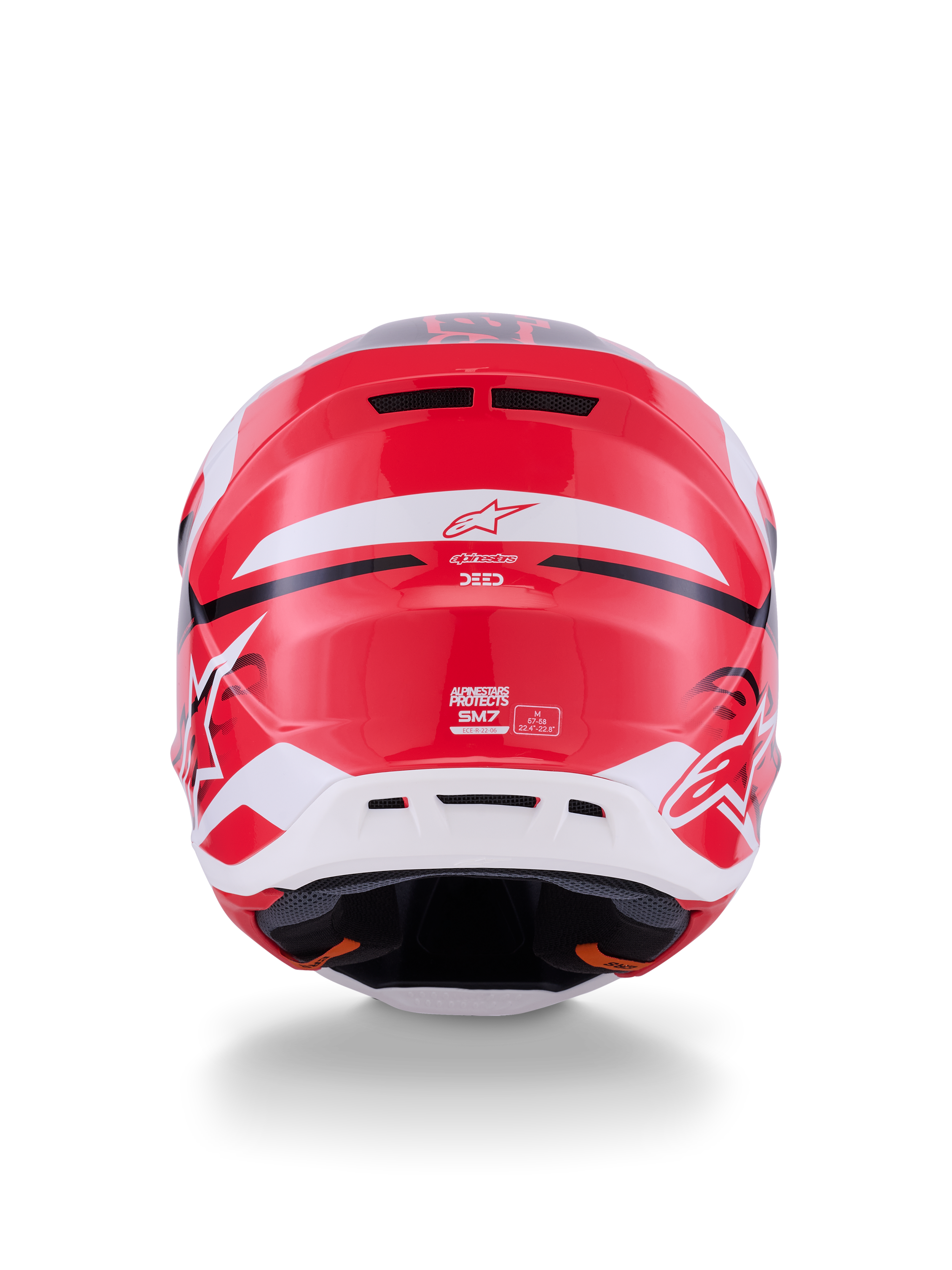 Alpinestars S-M7 Deed Helmet, Rear View, Red Black and White Glossy, featuring a streamlined composite shell, rear exhaust vents, and Alpinestars branding, professional motocross racing head protection