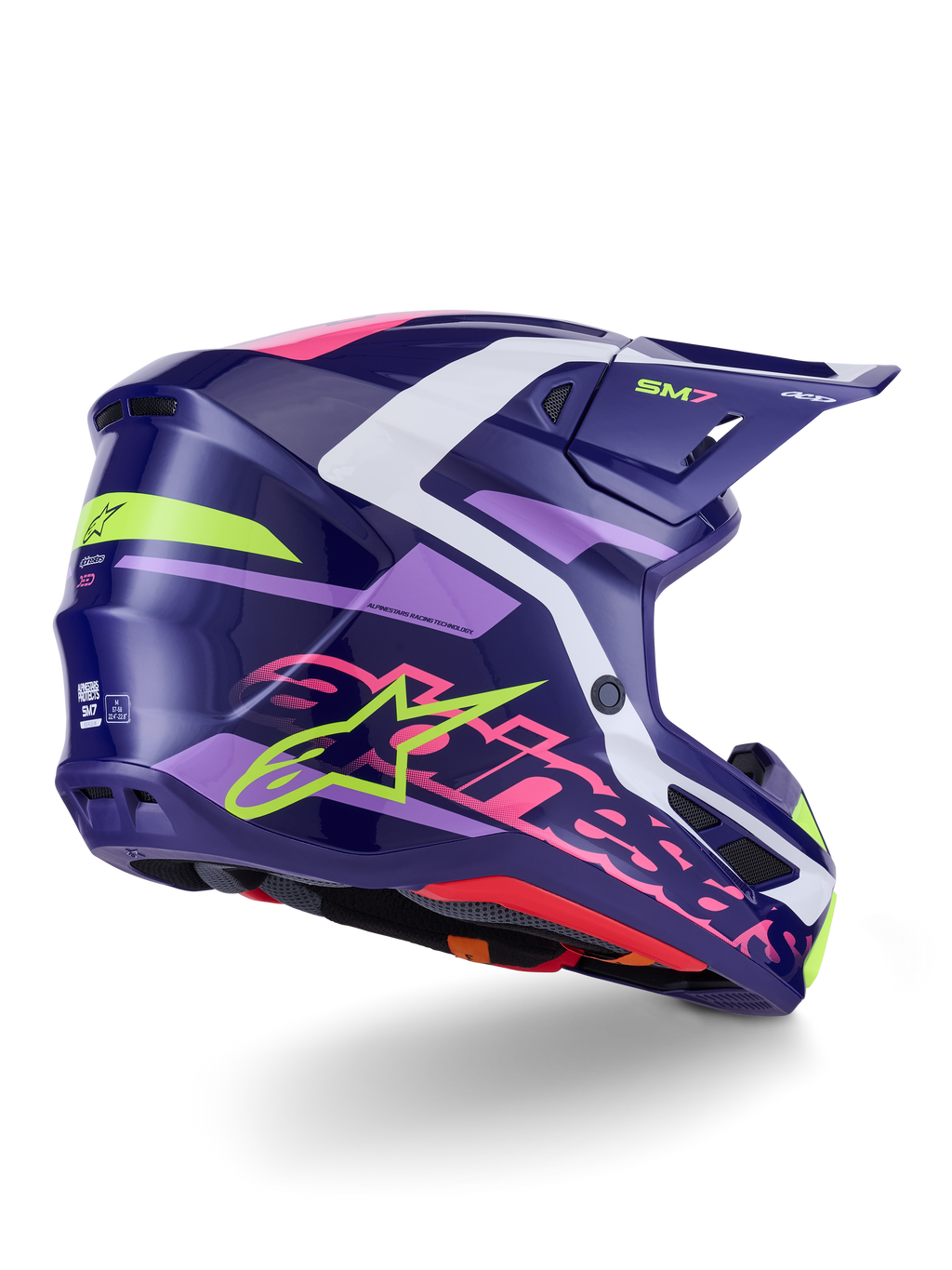 Capacete Alpinestars S-M7 Deed, capacete de motocross, roxo e rosa brilhante, vista lateral traseira com detalhes em branco e verde-lima, logótipo Alpinestars e estrela em rosa vibrante, design de calota composta aerodinâmica para performance off-road