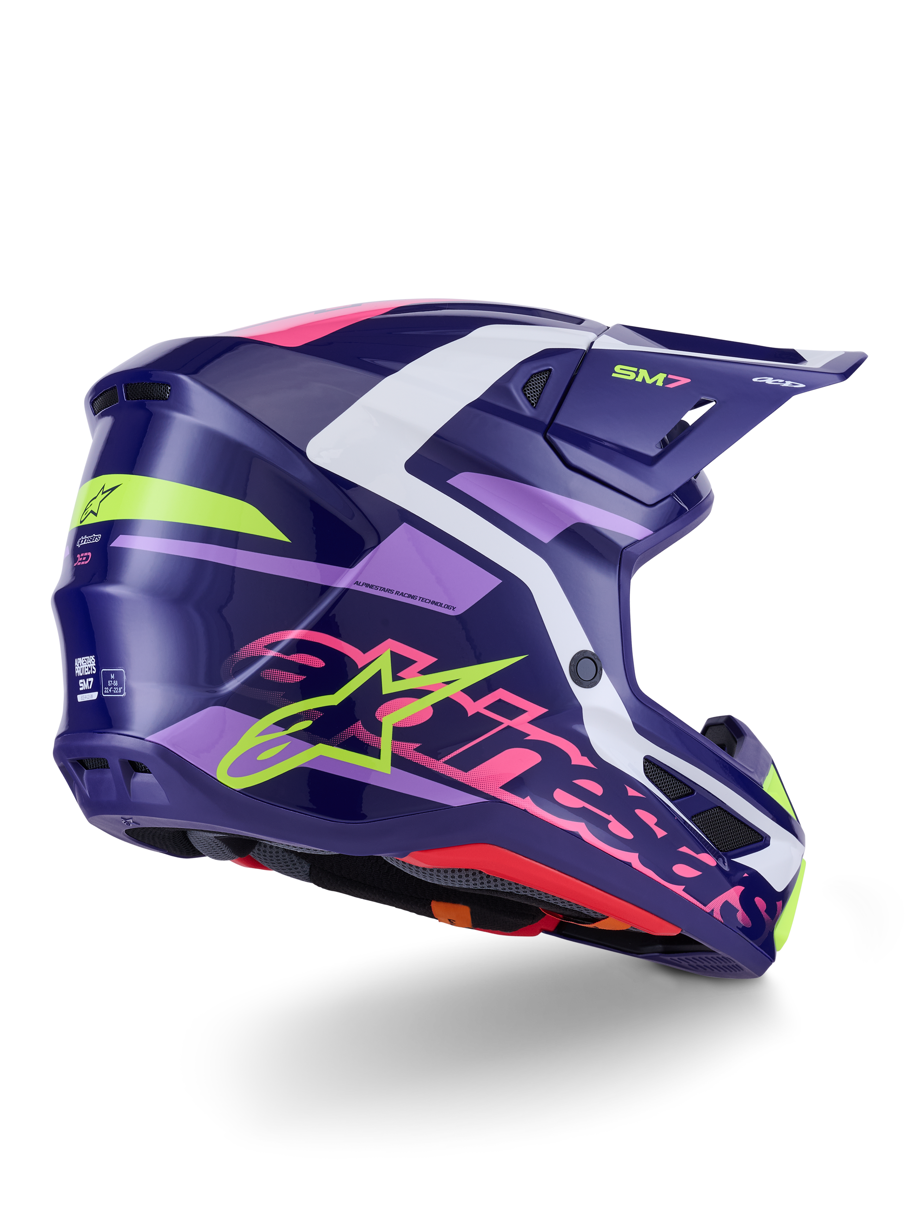 Capacete Alpinestars S-M7 Deed, capacete de motocross, roxo e rosa brilhante, vista lateral traseira com detalhes em branco e verde-lima, logótipo Alpinestars e estrela em rosa vibrante, design de calota composta aerodinâmica para performance off-road