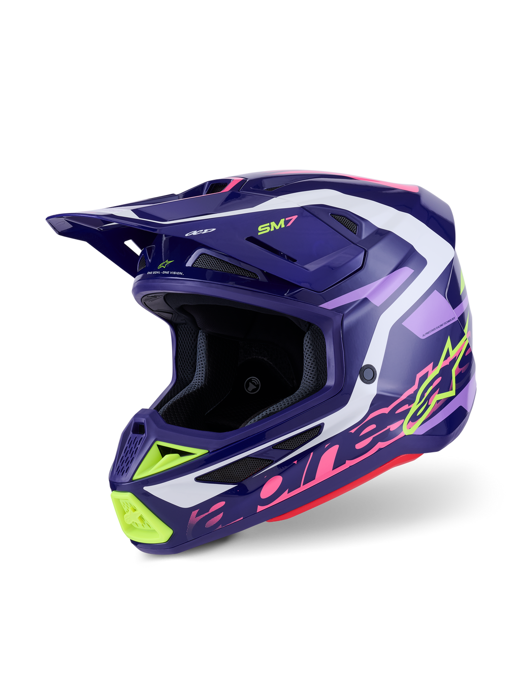 Capacete Alpinestars S-M7 Deed, capacete de motocross, roxo e rosa brilhante, base em roxo escuro com detalhes em amarelo néon, rosa e branco, design aerodinâmico com aberturas de ventilação integradas e uma pala proeminente, protetor de cabeça de alta performance para off-road