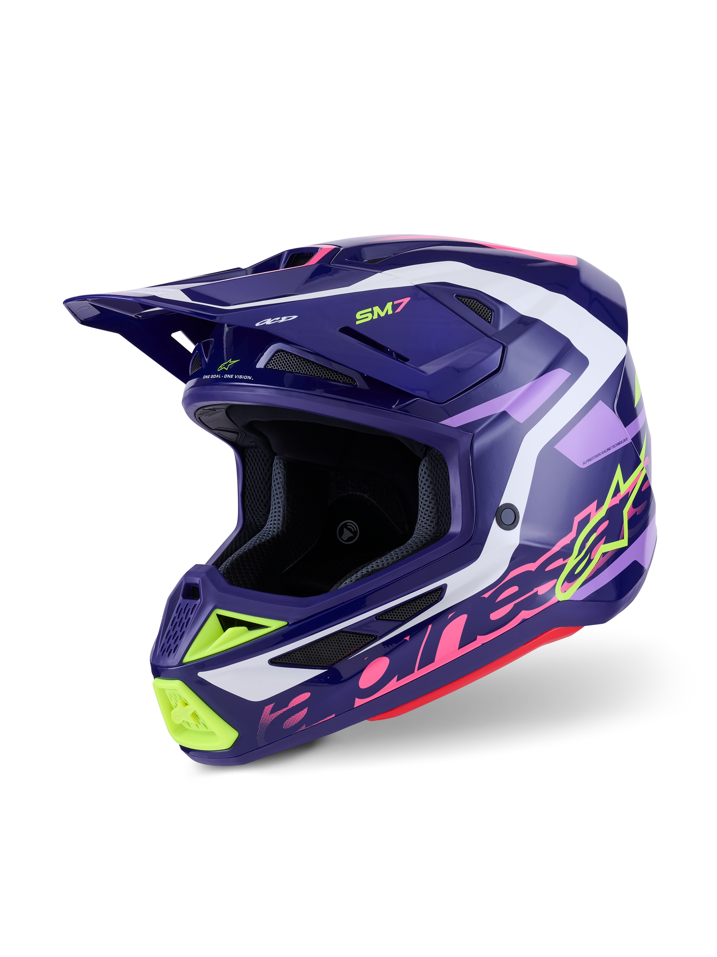 Capacete Alpinestars S-M7 Deed, capacete de motocross, roxo e rosa brilhante, base em roxo escuro com detalhes em amarelo néon, rosa e branco, design aerodinâmico com aberturas de ventilação integradas e uma pala proeminente, protetor de cabeça de alta performance para off-road
