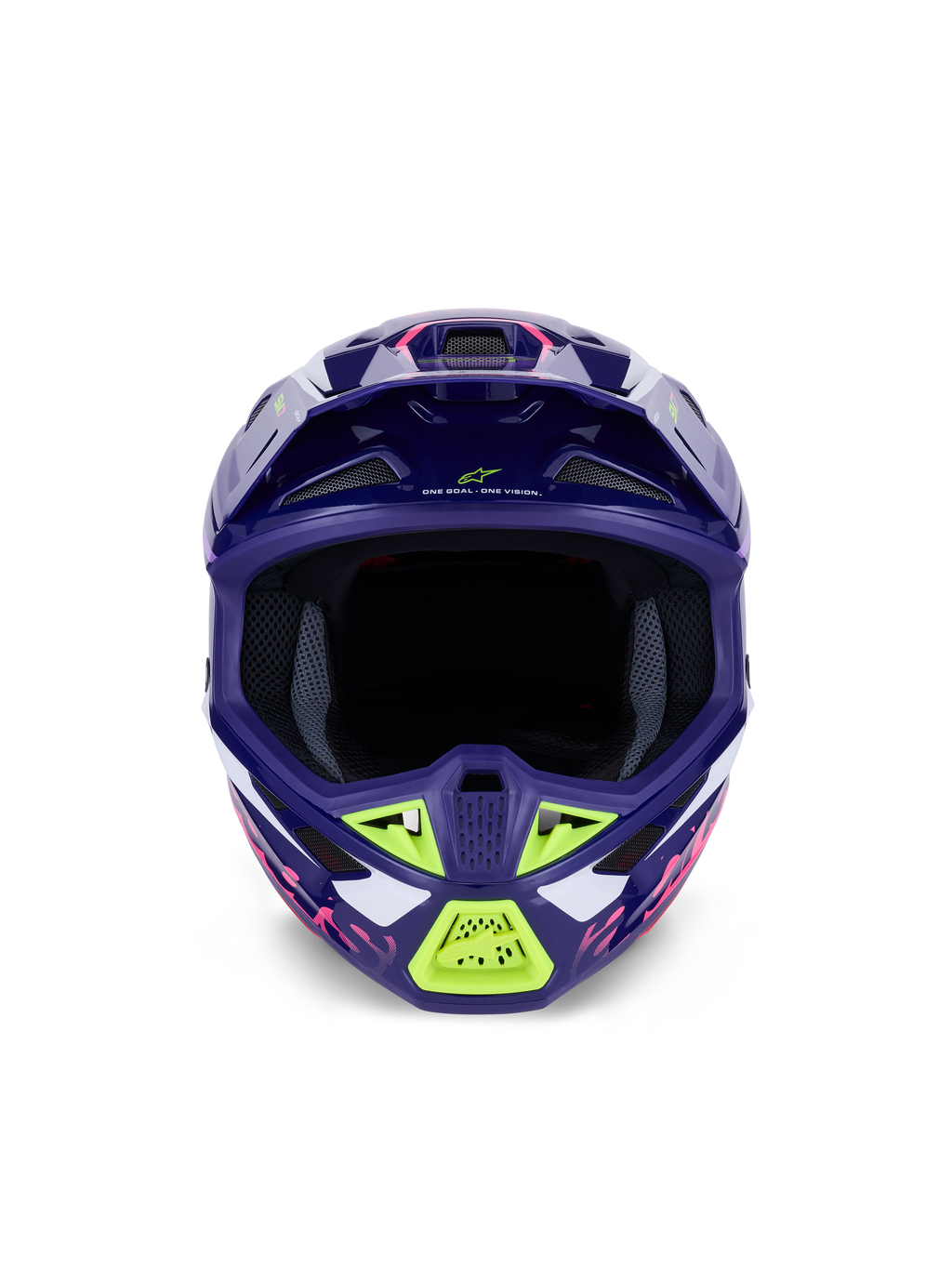 Capacete Alpinestars S-M7 Deed ECE 22.06, capacete de motocross, roxo e rosa brilhante com detalhes em verde lima e branco, vista frontal mostrando a ampla abertura para os olhos e o sistema de ventilação, design de calota composta aerodinâmica para corridas off-road