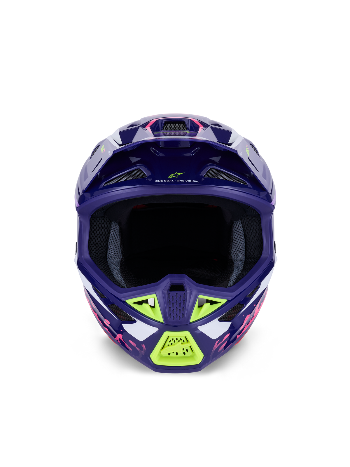 Capacete Alpinestars S-M7 Deed ECE 22.06, capacete de motocross, roxo e rosa brilhante com detalhes em verde lima e branco, vista frontal mostrando a ampla abertura para os olhos e o sistema de ventilação, design de calota composta aerodinâmica para corridas off-road