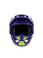 Capacete Alpinestars S-M7 Deed ECE 22.06, capacete de motocross, roxo e rosa brilhante com detalhes em verde lima e branco, vista frontal mostrando a ampla abertura para os olhos e o sistema de ventilação, design de calota composta aerodinâmica para corridas off-road