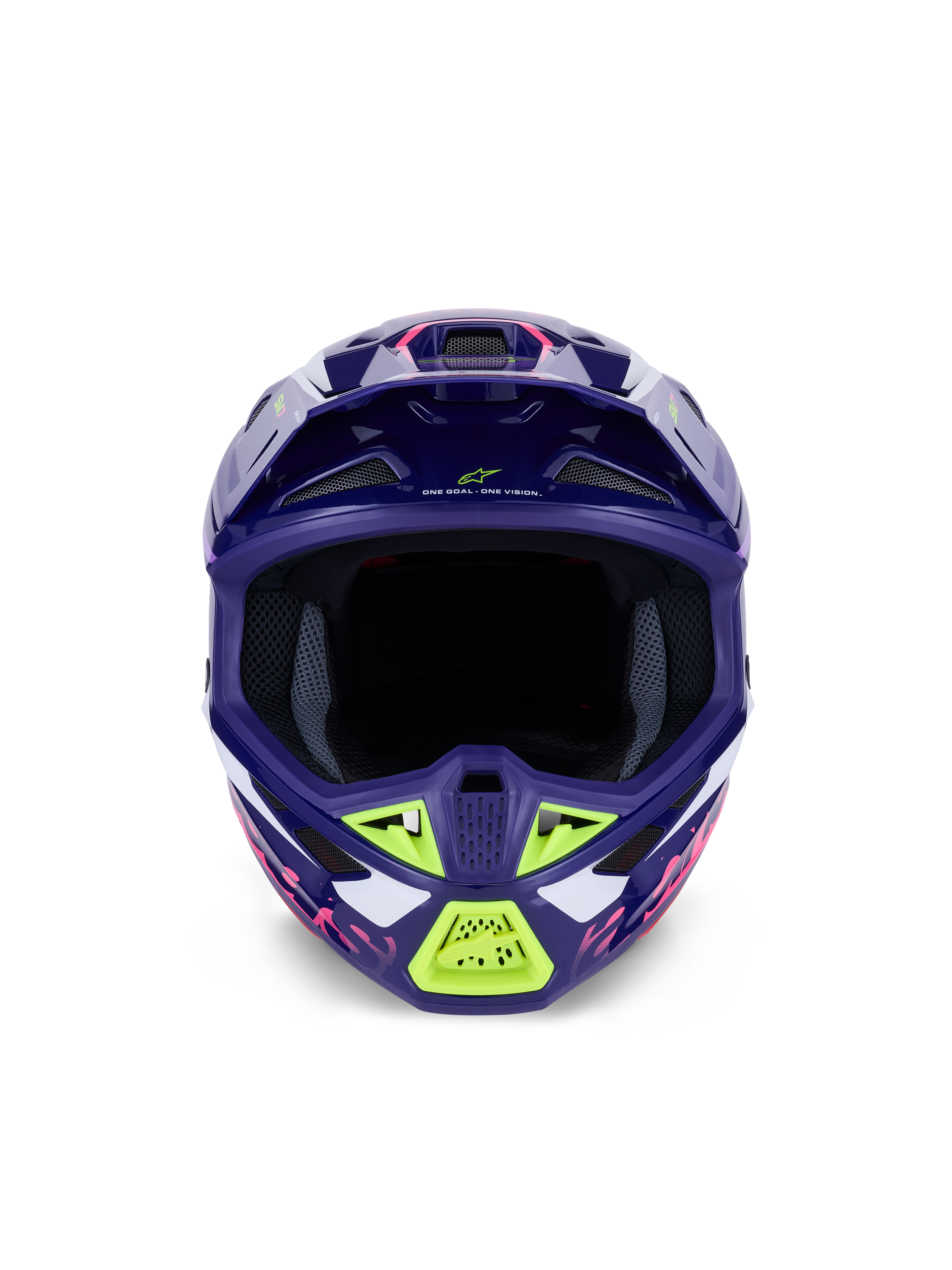 Capacete Alpinestars S-M7 Deed ECE 22.06, capacete de motocross, roxo e rosa brilhante com detalhes em verde lima e branco, vista frontal mostrando a ampla abertura para os olhos e o sistema de ventilação, design de calota composta aerodinâmica para corridas off-road