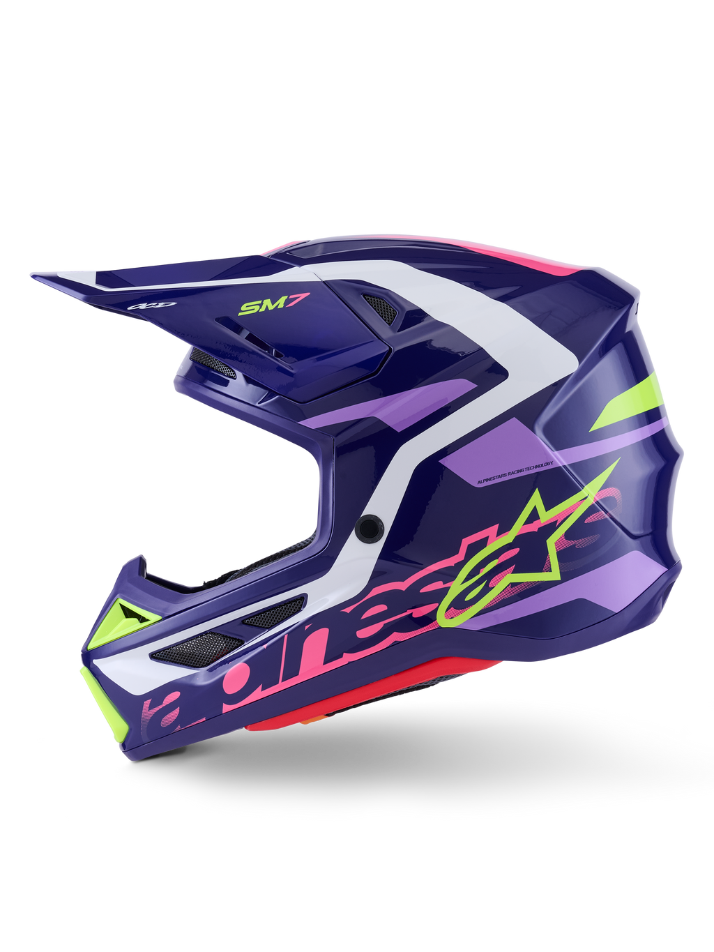 Capacete de Motocross Alpinestars S-M7 Deed, Roxo e Rosa Brilhante, vista de perfil lateral, com logótipos Alpinestars em verde lima e rosa vibrantes, calota aerodinâmica com detalhes em branco e roxo claro, acabamento brilhante, concebido para corridas de todo-o-terreno