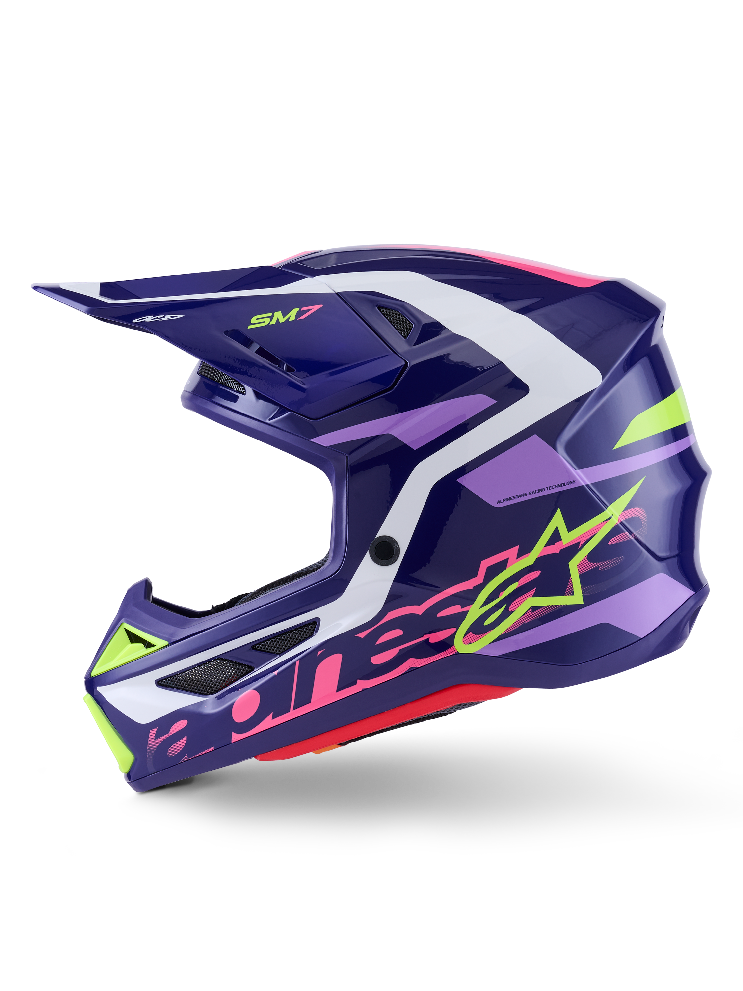 Capacete de Motocross Alpinestars S-M7 Deed, Roxo e Rosa Brilhante, vista de perfil lateral, com logótipos Alpinestars em verde lima e rosa vibrantes, calota aerodinâmica com detalhes em branco e roxo claro, acabamento brilhante, concebido para corridas de todo-o-terreno