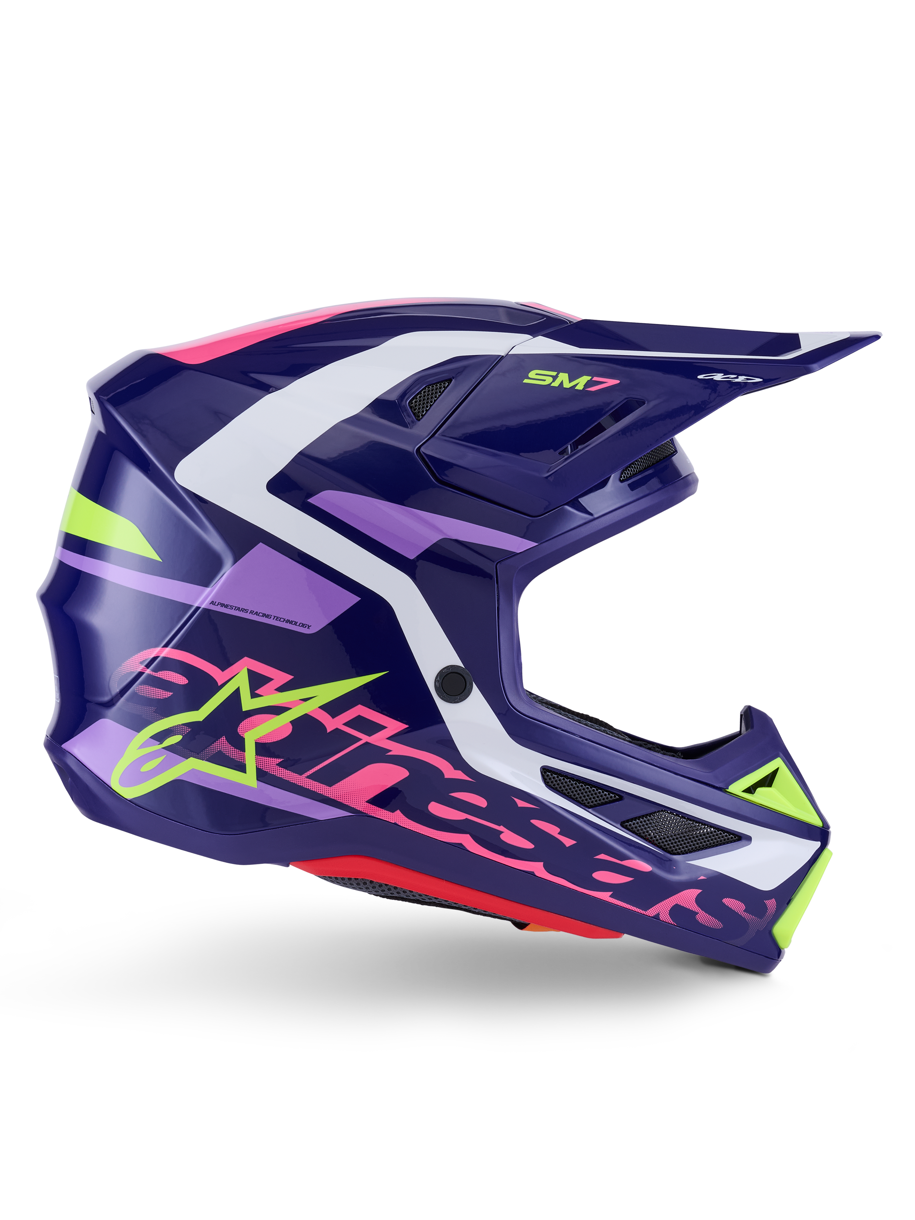 Capacete Alpinestars S-M7 Deed, capacete de motocross, roxo e rosa brilhante, vista lateral de perfil, com detalhes gráficos em branco e verde lima, marca SM7 e logótipo Alpinestars em destaque, design de concha composta aerodinâmica para corridas off-road