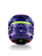 Alpinestars S-M7 Deed Helmet ECE 22.06, capacete de motocross, vista traseira em roxo e rosa brilhante, com gráficos em amarelo néon e rosa, calota composta aerodinâmica com a marca SM7 e marcações de certificação, equipamento de corrida off-road de alto desempenho