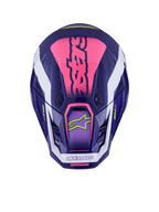 Alpinestars S-M7 Deed Helmet, vista superior, roxo e rosa brilhante, marca rosa vibrante no topo, detalhes em branco, logótipos verde-lima, aberturas de ventilação, acabamento brilhante, proteção de motocross de alta performance