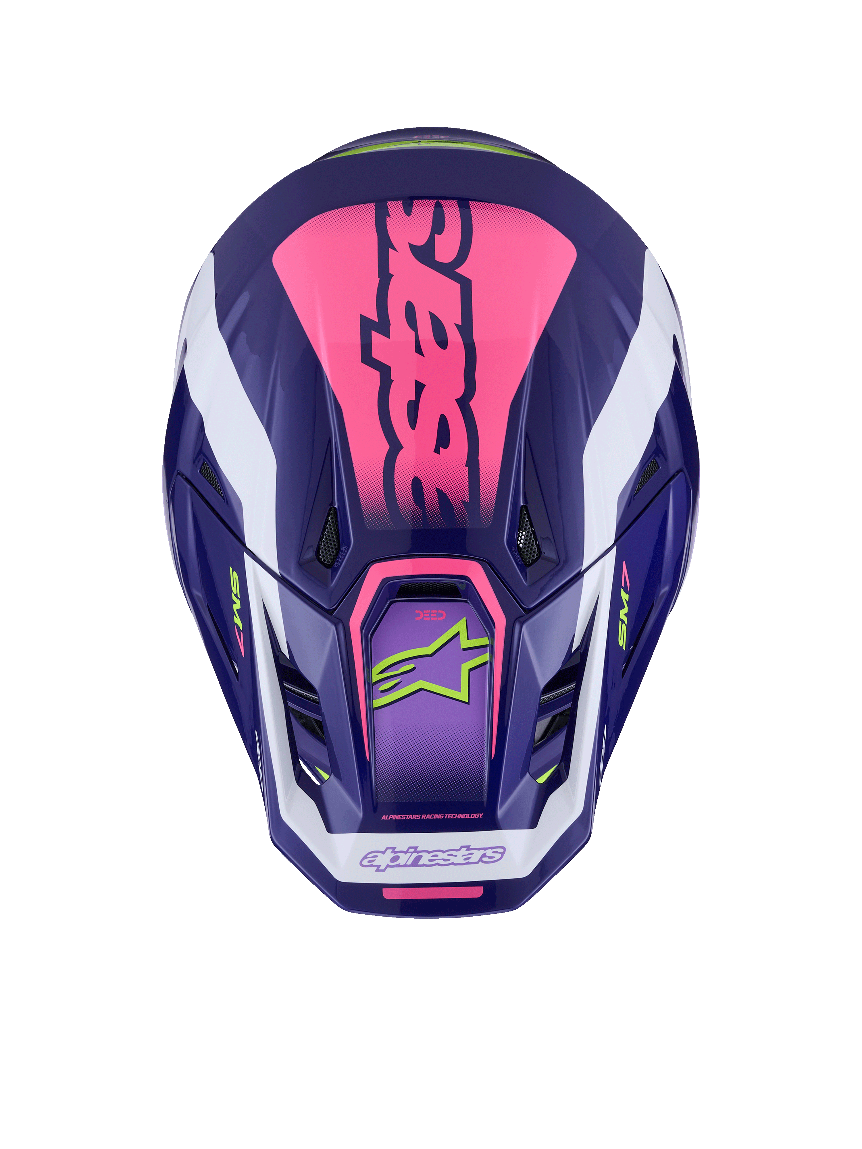 Alpinestars S-M7 Deed Helmet, vista superior, roxo e rosa brilhante, marca rosa vibrante no topo, detalhes em branco, logótipos verde-lima, aberturas de ventilação, acabamento brilhante, proteção de motocross de alta performance