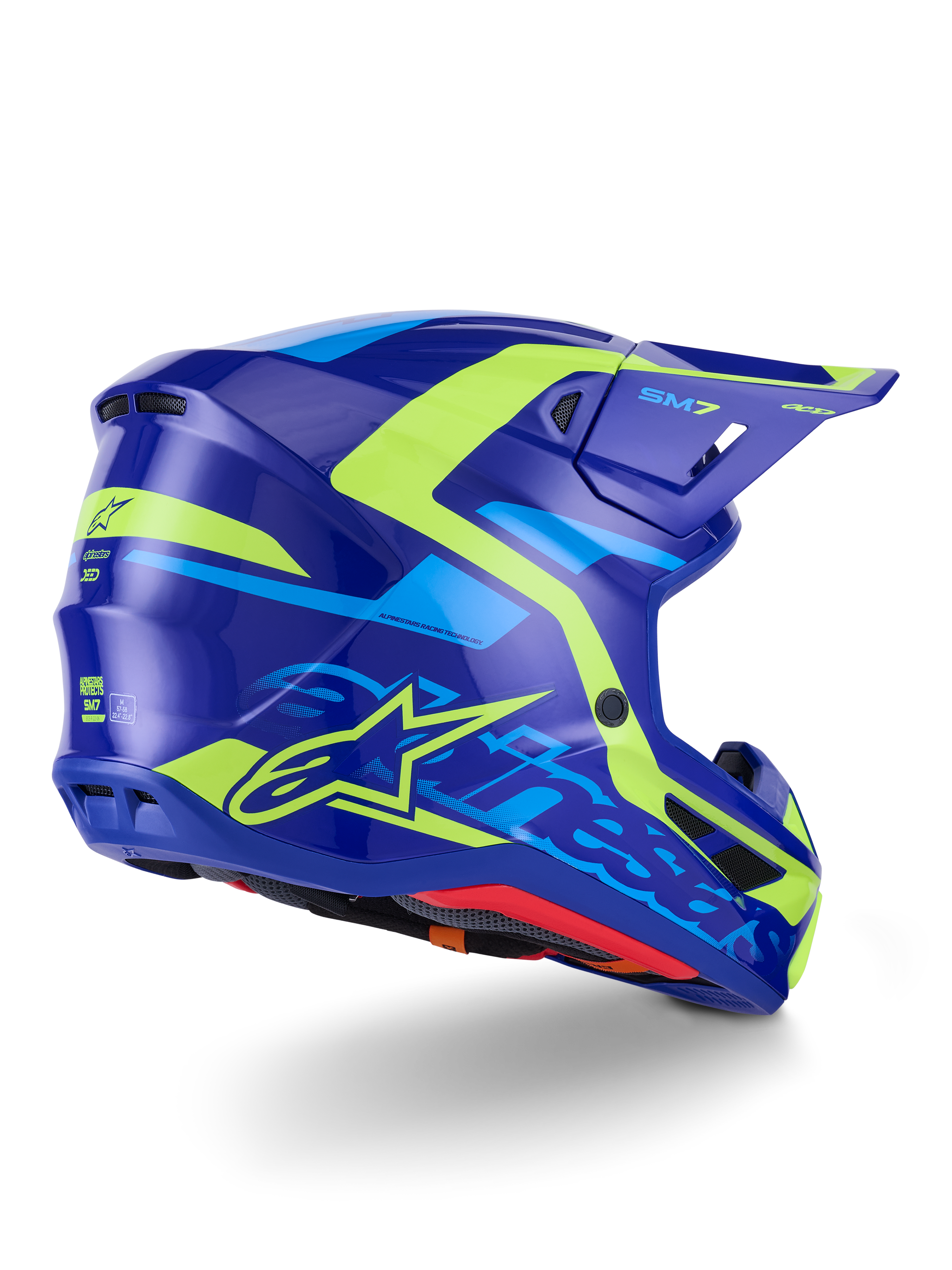 Capacete Alpinestars S-M7 Deed ECE 22.06, capacete de motocross, azul e amarelo fluo brilhante, vista lateral traseira com perfil de calota aerodinâmico, branding Alpinestars destacado com detalhes em amarelo néon, aberturas de ventilação de alta performance e acabamento brilhante para corridas todo-o-terreno
